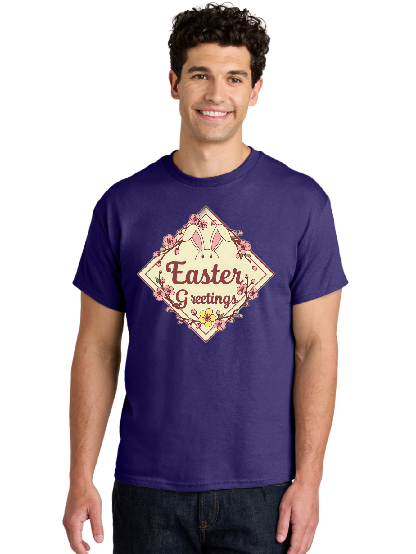 Easter-Greetings Men'S Graphic Tee, 100% Cotton, Comfortable Casual Summer Wear, Machine Washable, Easter Bunny, Easter Greetings, Floral Wreath, Pastel Colors, Spring Flowers, Easter Wishes, Festive Design Baa629