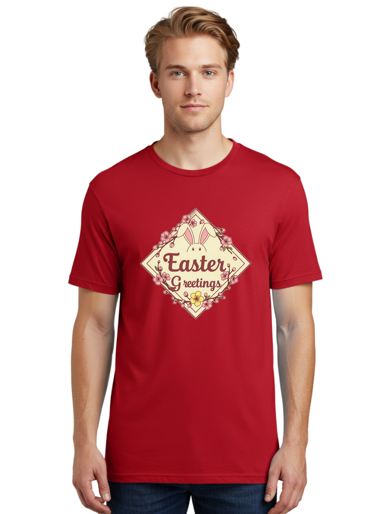 Easter-Greetings Men'S Graphic Tee, 100% Cotton, Comfortable Casual Summer Wear, Machine Washable, Easter Bunny, Easter Greetings, Floral Wreath, Pastel Colors, Spring Flowers, Easter Wishes, Festive Design Baa629