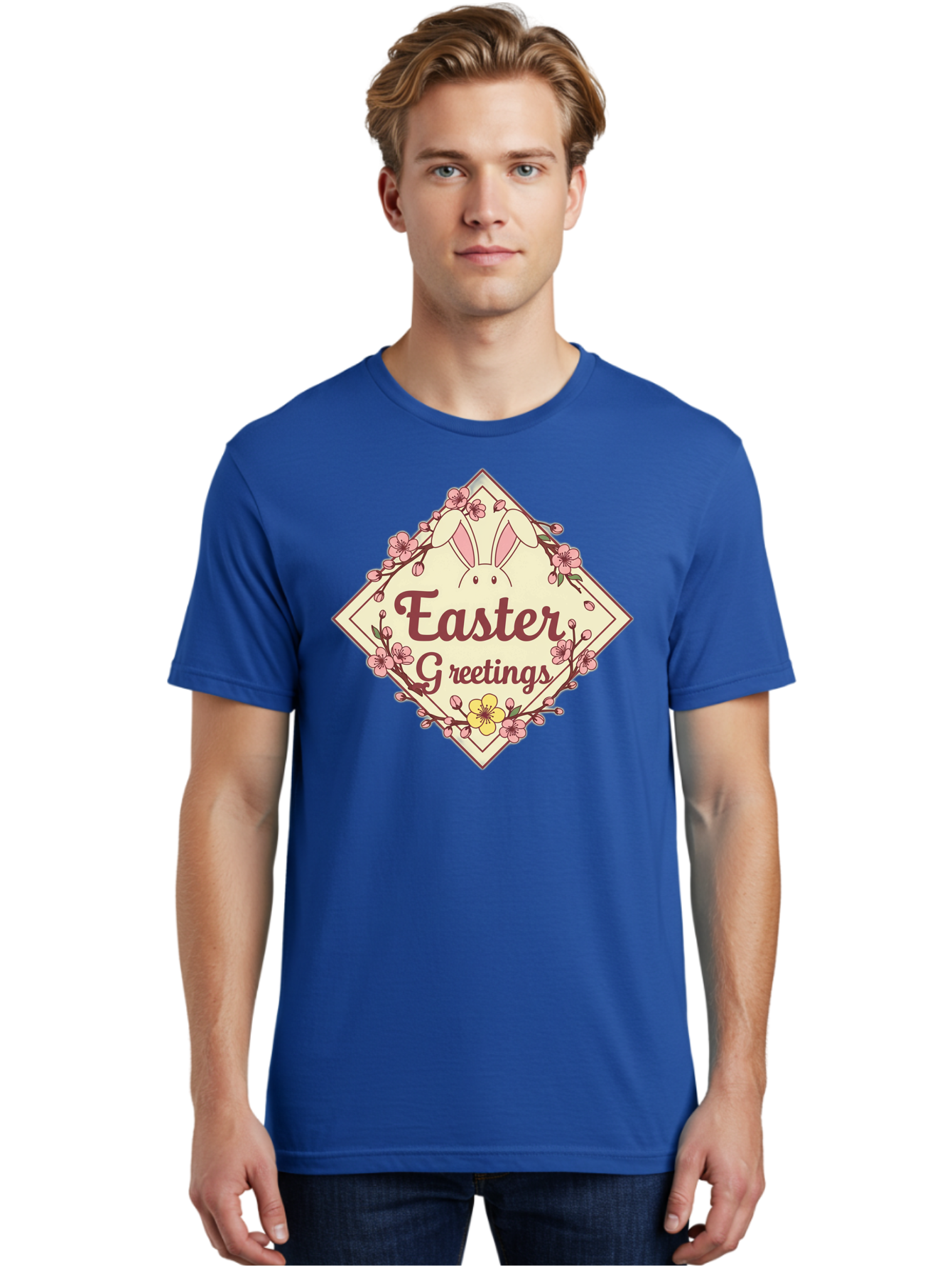 Easter-Greetings Men'S Graphic Tee, 100% Cotton, Comfortable Casual Summer Wear, Machine Washable, Easter Bunny, Easter Greetings, Floral Wreath, Pastel Colors, Spring Flowers, Easter Wishes, Festive Design Baa629