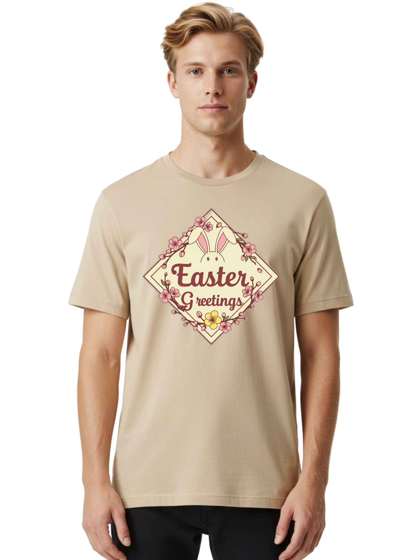 Easter-Greetings Men'S Graphic Tee, 100% Cotton, Comfortable Casual Summer Wear, Machine Washable, Easter Bunny, Easter Greetings, Floral Wreath, Pastel Colors, Spring Flowers, Easter Wishes, Festive Design Baa629