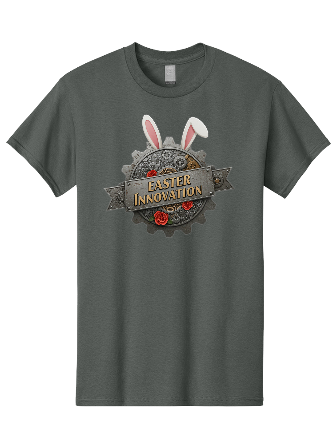 Easter-Innovation Men'S Graphic Tee, 100% Cotton, Comfortable Casual Summer Wear, Machine Washable, Steampunk Gear, Bunny Ears, Easter Innovation Logo, Rose Design, Vintage Machinery, Industrial Aesthetic, Easter Theme, Creative Symbolism, Baa630