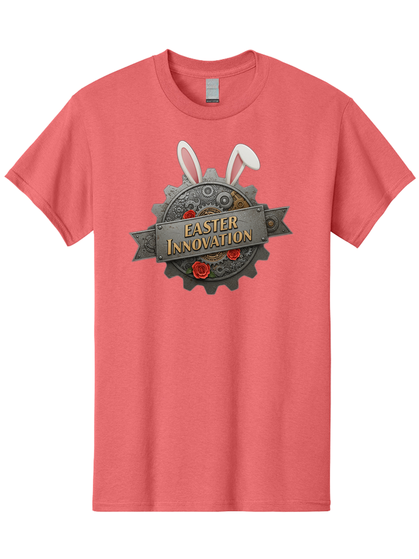 Easter-Innovation Men'S Graphic Tee, 100% Cotton, Comfortable Casual Summer Wear, Machine Washable, Steampunk Gear, Bunny Ears, Easter Innovation Logo, Rose Design, Vintage Machinery, Industrial Aesthetic, Easter Theme, Creative Symbolism, Baa630