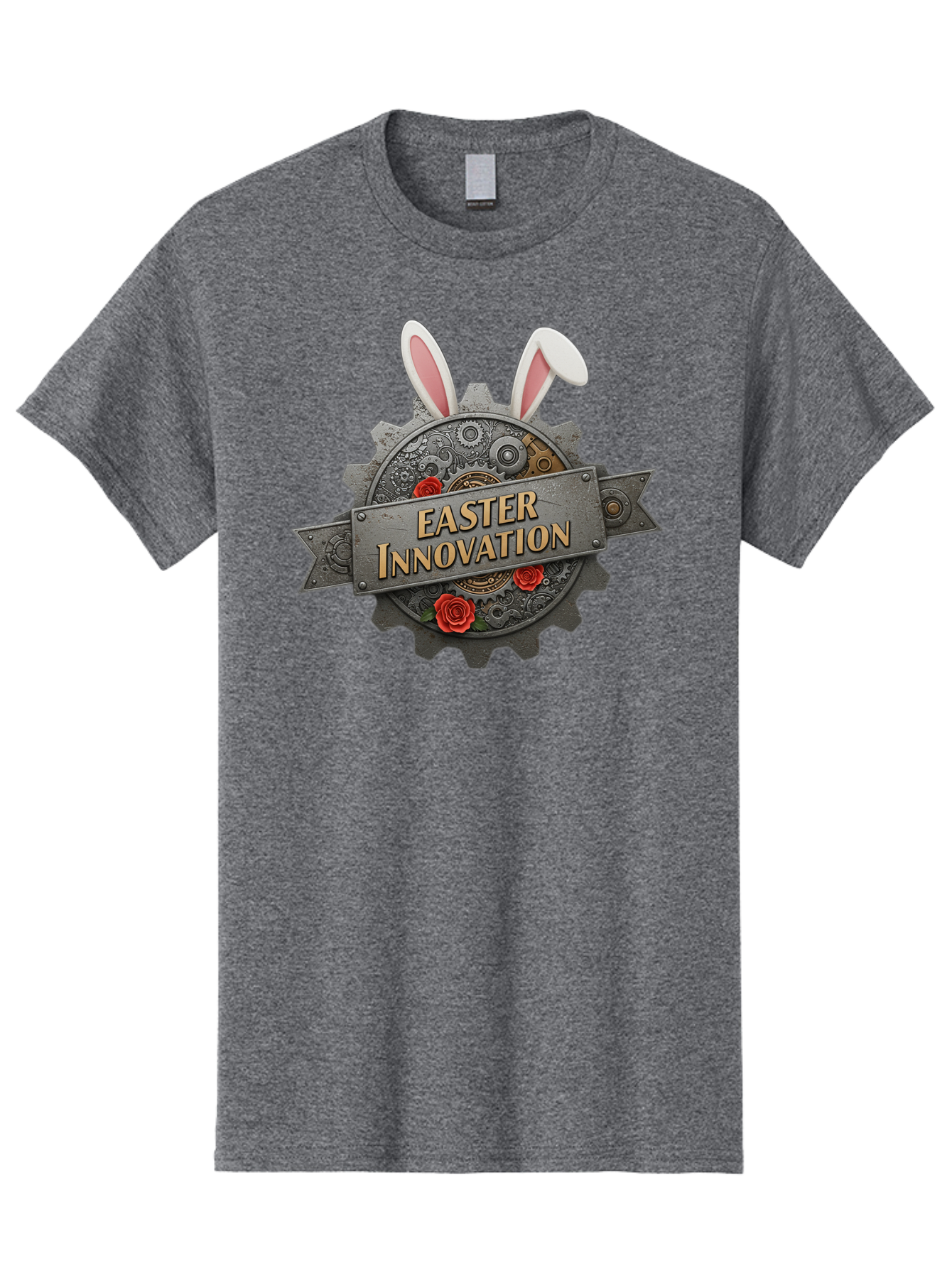 Easter-Innovation Men'S Graphic Tee, 100% Cotton, Comfortable Casual Summer Wear, Machine Washable, Steampunk Gear, Bunny Ears, Easter Innovation Logo, Rose Design, Vintage Machinery, Industrial Aesthetic, Easter Theme, Creative Symbolism, Baa630