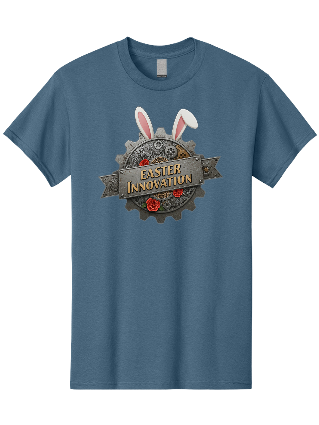 Easter-Innovation Men'S Graphic Tee, 100% Cotton, Comfortable Casual Summer Wear, Machine Washable, Steampunk Gear, Bunny Ears, Easter Innovation Logo, Rose Design, Vintage Machinery, Industrial Aesthetic, Easter Theme, Creative Symbolism, Baa630