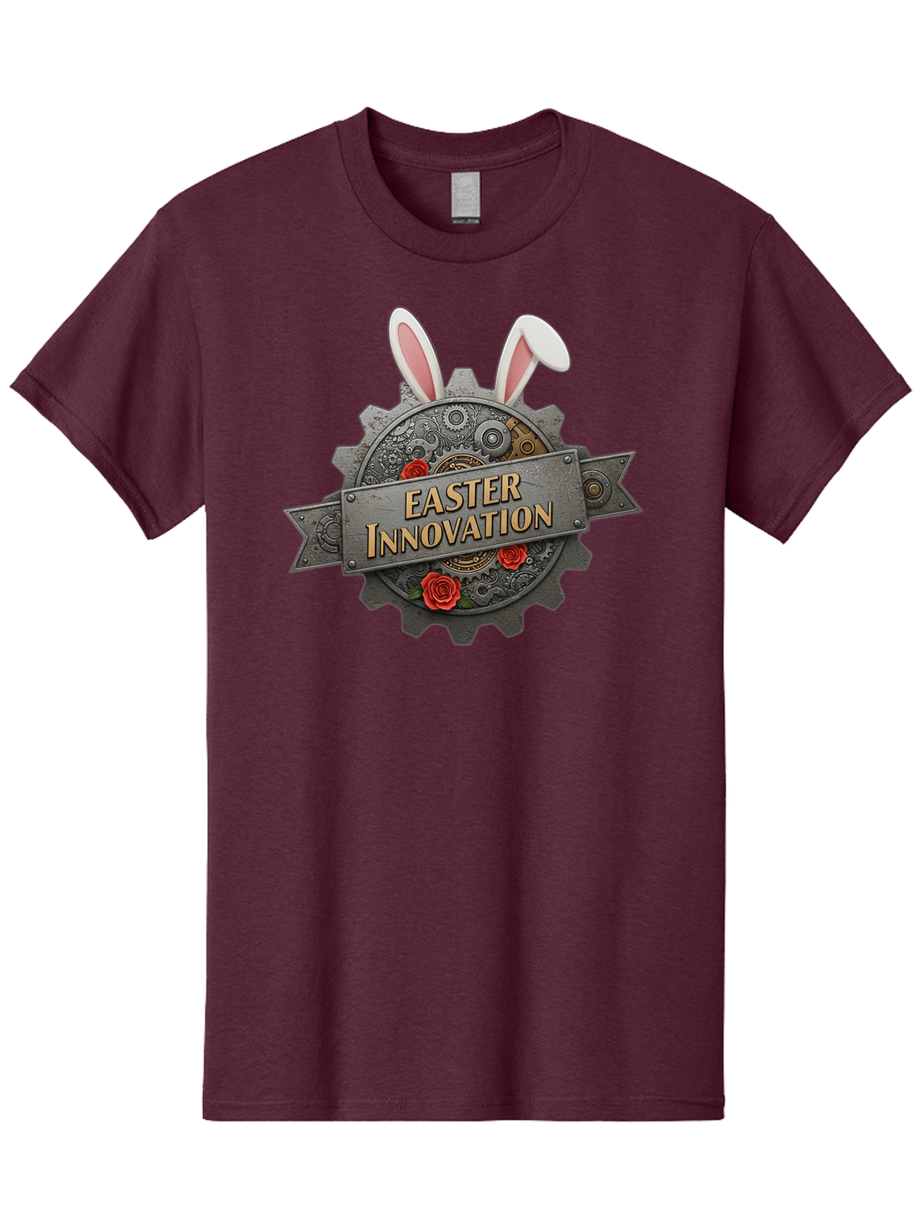 Easter-Innovation Men'S Graphic Tee, 100% Cotton, Comfortable Casual Summer Wear, Machine Washable, Steampunk Gear, Bunny Ears, Easter Innovation Logo, Rose Design, Vintage Machinery, Industrial Aesthetic, Easter Theme, Creative Symbolism, Baa630