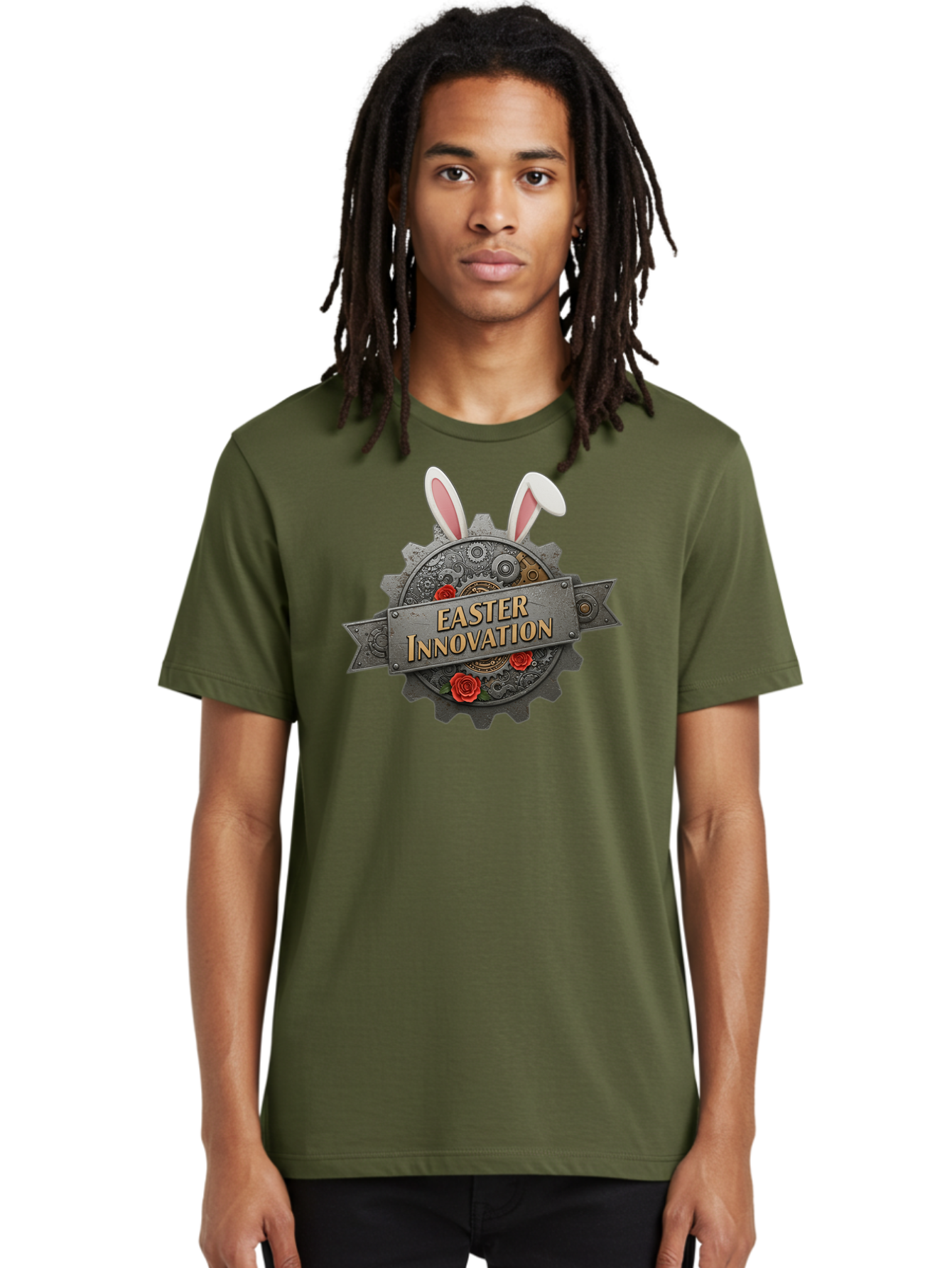 Easter-Innovation Men'S Graphic Tee, 100% Cotton, Comfortable Casual Summer Wear, Machine Washable, Steampunk Gear, Bunny Ears, Easter Innovation Logo, Rose Design, Vintage Machinery, Industrial Aesthetic, Easter Theme, Creative Symbolism, Baa630