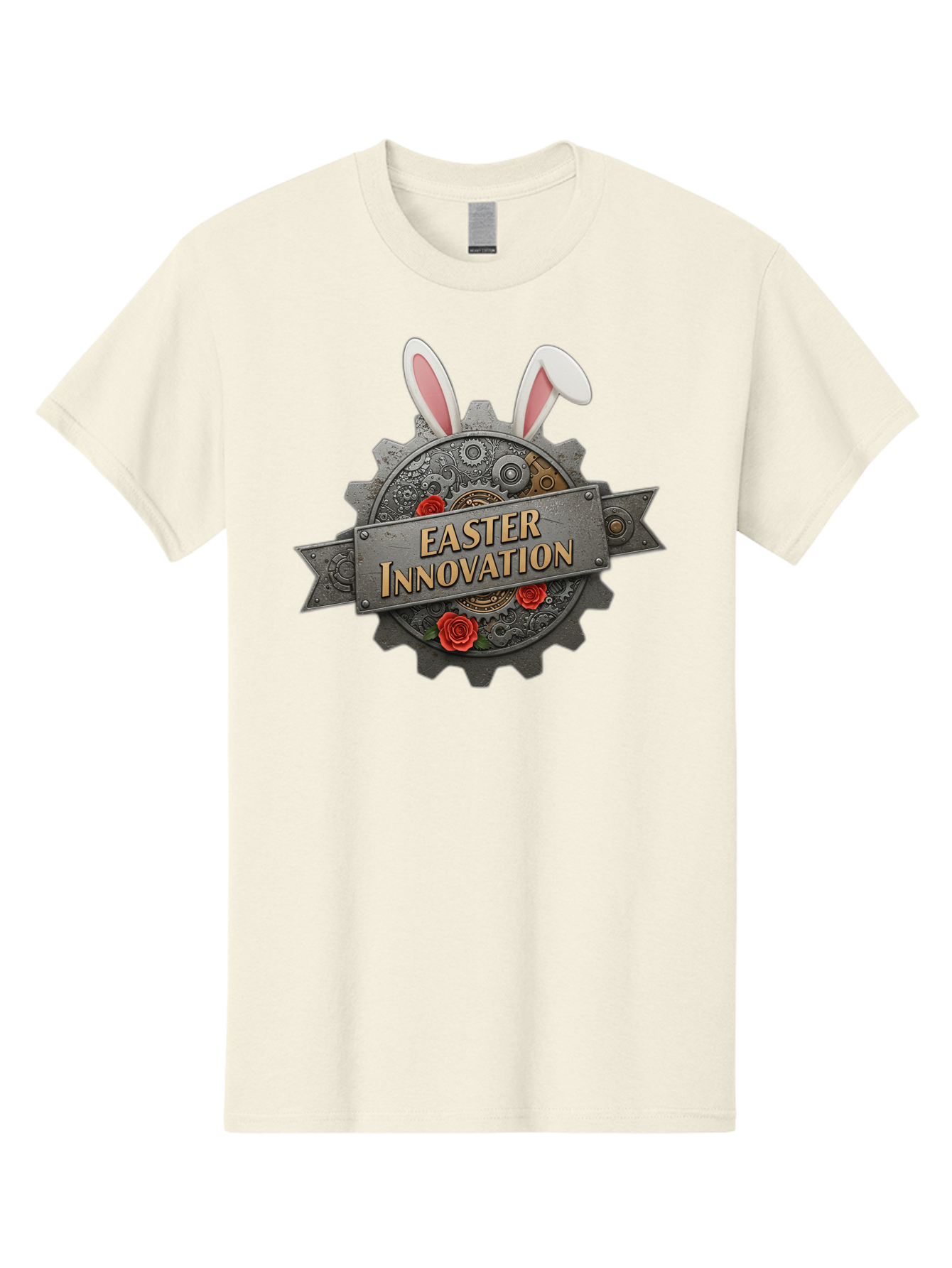 Easter-Innovation Men'S Graphic Tee, 100% Cotton, Comfortable Casual Summer Wear, Machine Washable, Steampunk Gear, Bunny Ears, Easter Innovation Logo, Rose Design, Vintage Machinery, Industrial Aesthetic, Easter Theme, Creative Symbolism, Baa630