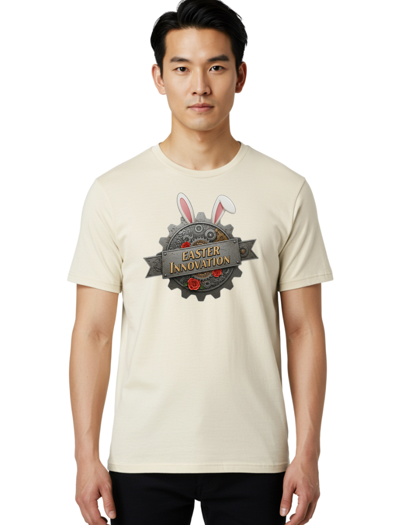 Easter-Innovation Men'S Graphic Tee, 100% Cotton, Comfortable Casual Summer Wear, Machine Washable, Steampunk Gear, Bunny Ears, Easter Innovation Logo, Rose Design, Vintage Machinery, Industrial Aesthetic, Easter Theme, Creative Symbolism, Baa630