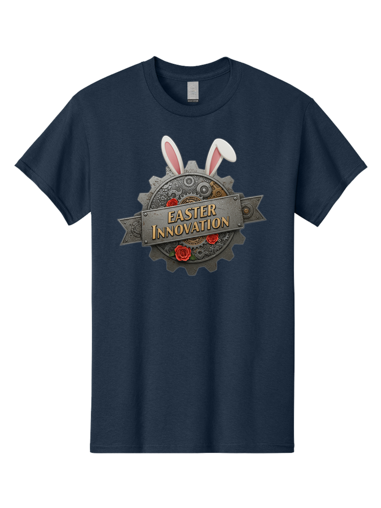 Easter-Innovation Men'S Graphic Tee, 100% Cotton, Comfortable Casual Summer Wear, Machine Washable, Steampunk Gear, Bunny Ears, Easter Innovation Logo, Rose Design, Vintage Machinery, Industrial Aesthetic, Easter Theme, Creative Symbolism, Baa630