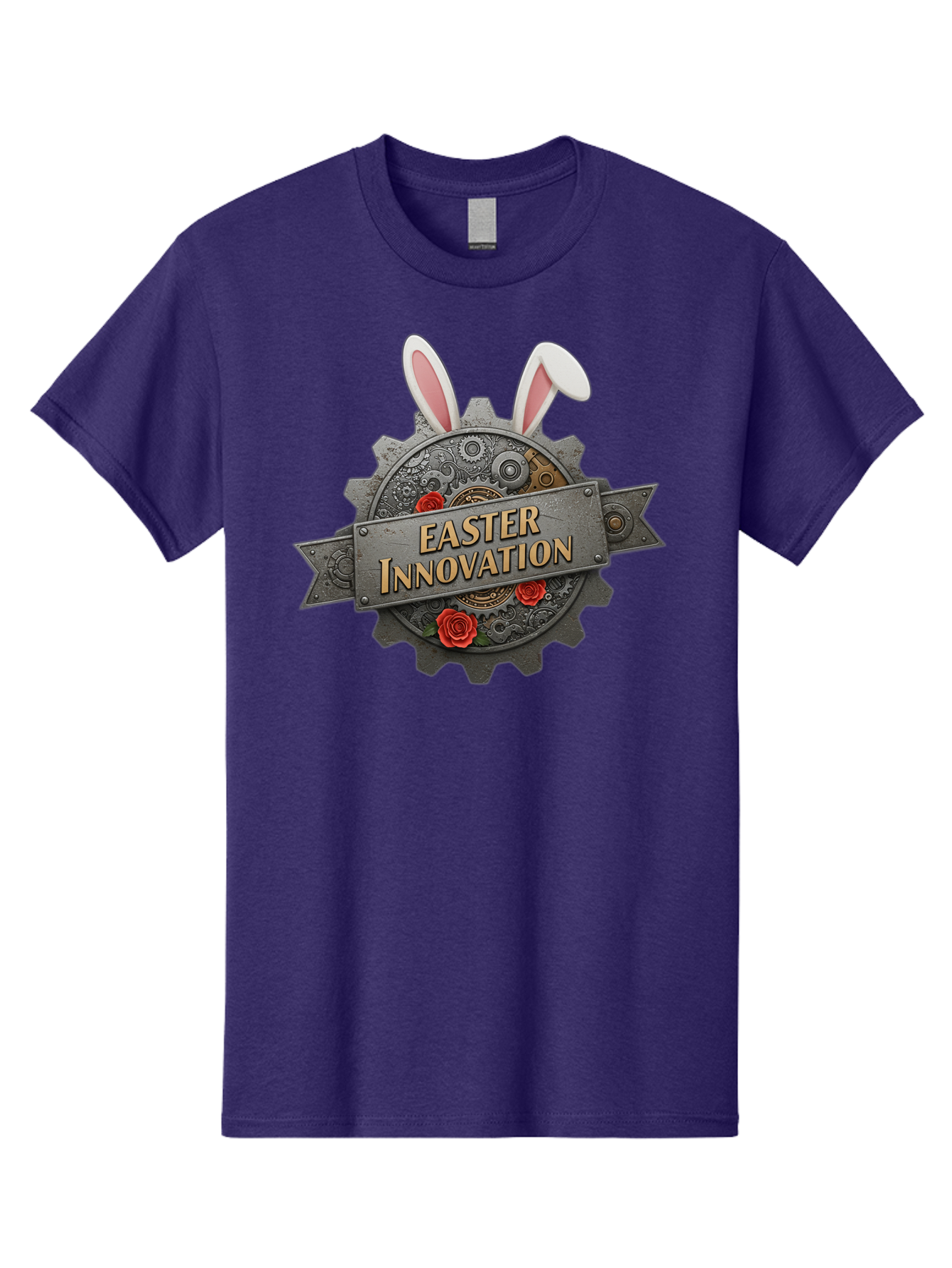 Easter-Innovation Men'S Graphic Tee, 100% Cotton, Comfortable Casual Summer Wear, Machine Washable, Steampunk Gear, Bunny Ears, Easter Innovation Logo, Rose Design, Vintage Machinery, Industrial Aesthetic, Easter Theme, Creative Symbolism, Baa630