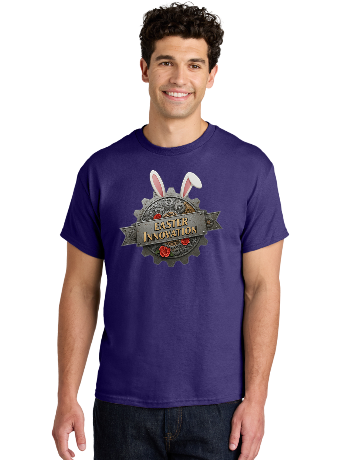 Easter-Innovation Men'S Graphic Tee, 100% Cotton, Comfortable Casual Summer Wear, Machine Washable, Steampunk Gear, Bunny Ears, Easter Innovation Logo, Rose Design, Vintage Machinery, Industrial Aesthetic, Easter Theme, Creative Symbolism, Baa630