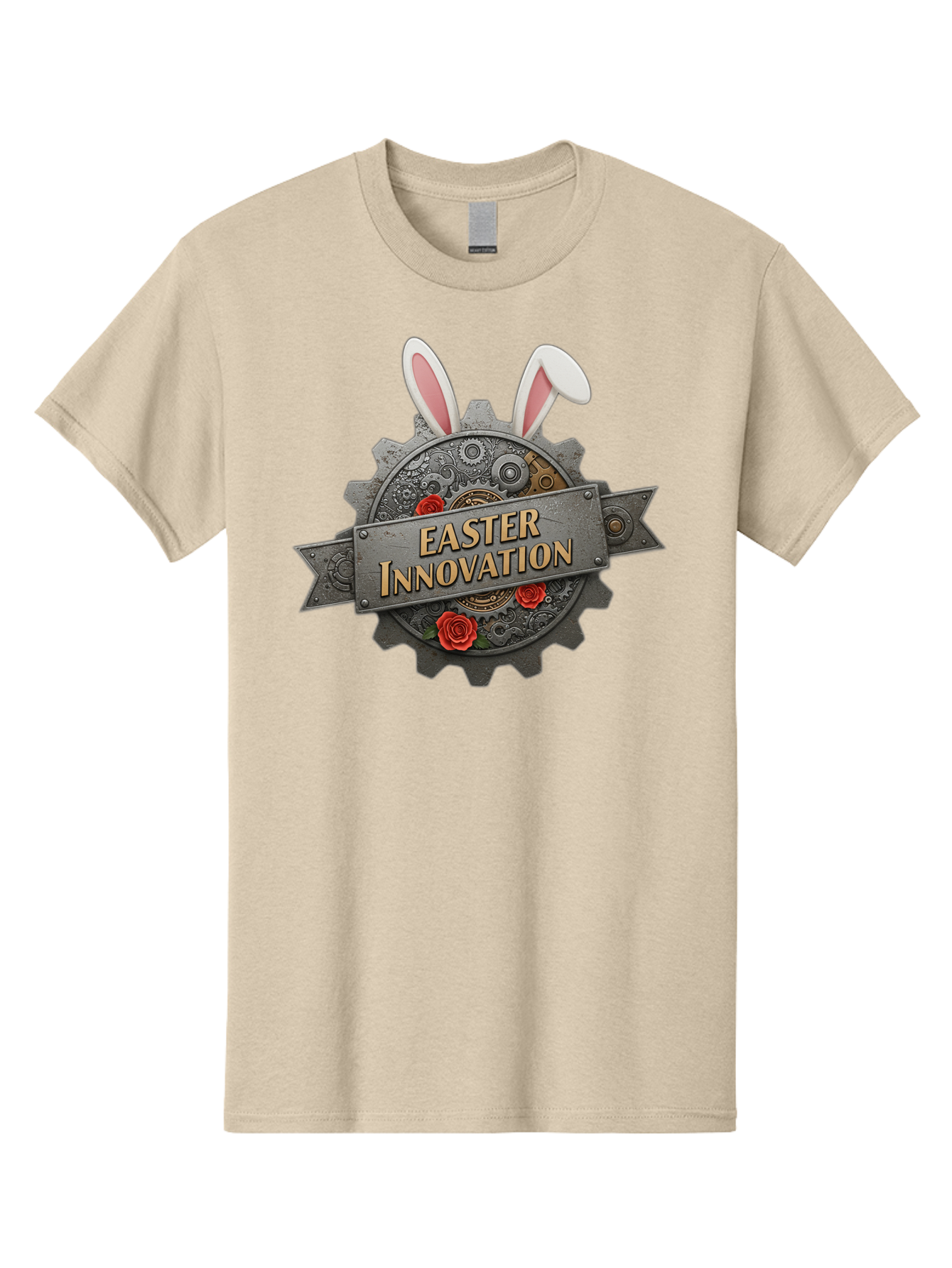 Easter-Innovation Men'S Graphic Tee, 100% Cotton, Comfortable Casual Summer Wear, Machine Washable, Steampunk Gear, Bunny Ears, Easter Innovation Logo, Rose Design, Vintage Machinery, Industrial Aesthetic, Easter Theme, Creative Symbolism, Baa630
