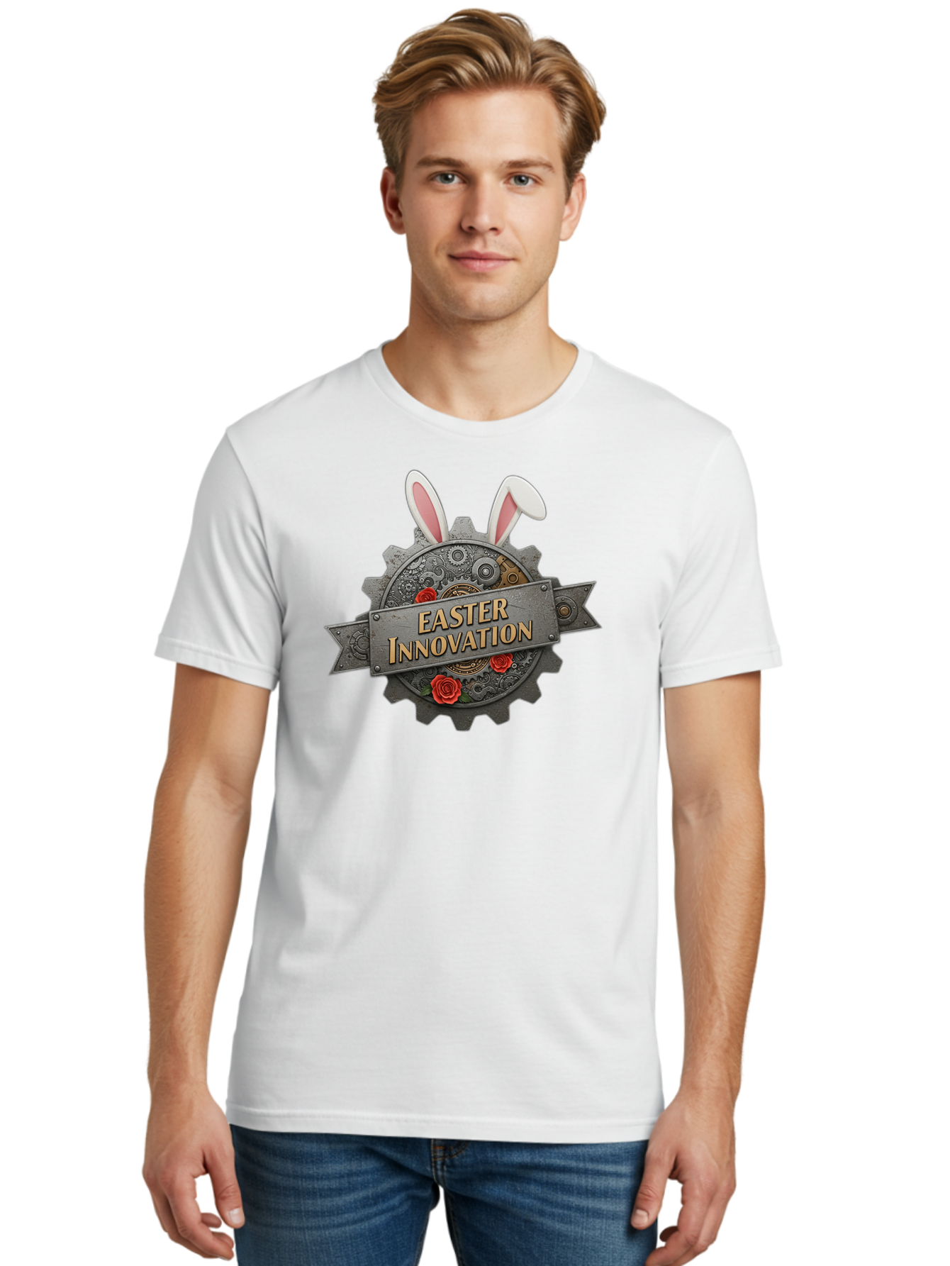 Easter-Innovation Men'S Graphic Tee, 100% Cotton, Comfortable Casual Summer Wear, Machine Washable, Steampunk Gear, Bunny Ears, Easter Innovation Logo, Rose Design, Vintage Machinery, Industrial Aesthetic, Easter Theme, Creative Symbolism, Baa630