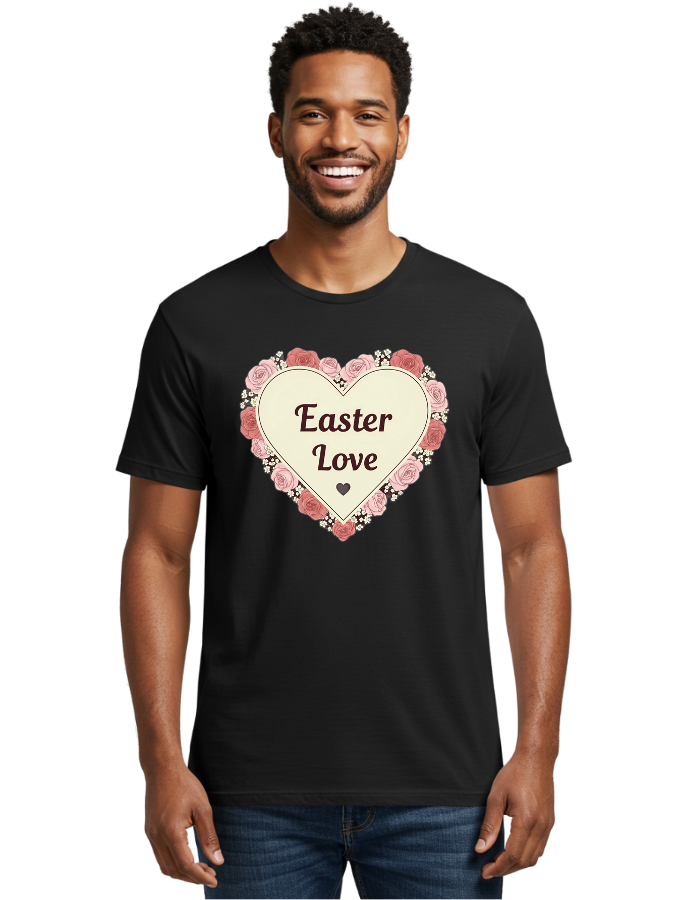 Easter-Love Men'S Graphic Tee, 100% Cotton, Comfortable Casual Summer Wear, Machine Washable, Easter Love, Heart-Shaped Frame, Pink Roses, Floral Wreath, Love Message, Small Green Heart, Easter Theme, Romantic Easter, Spring Flowers, Baa631