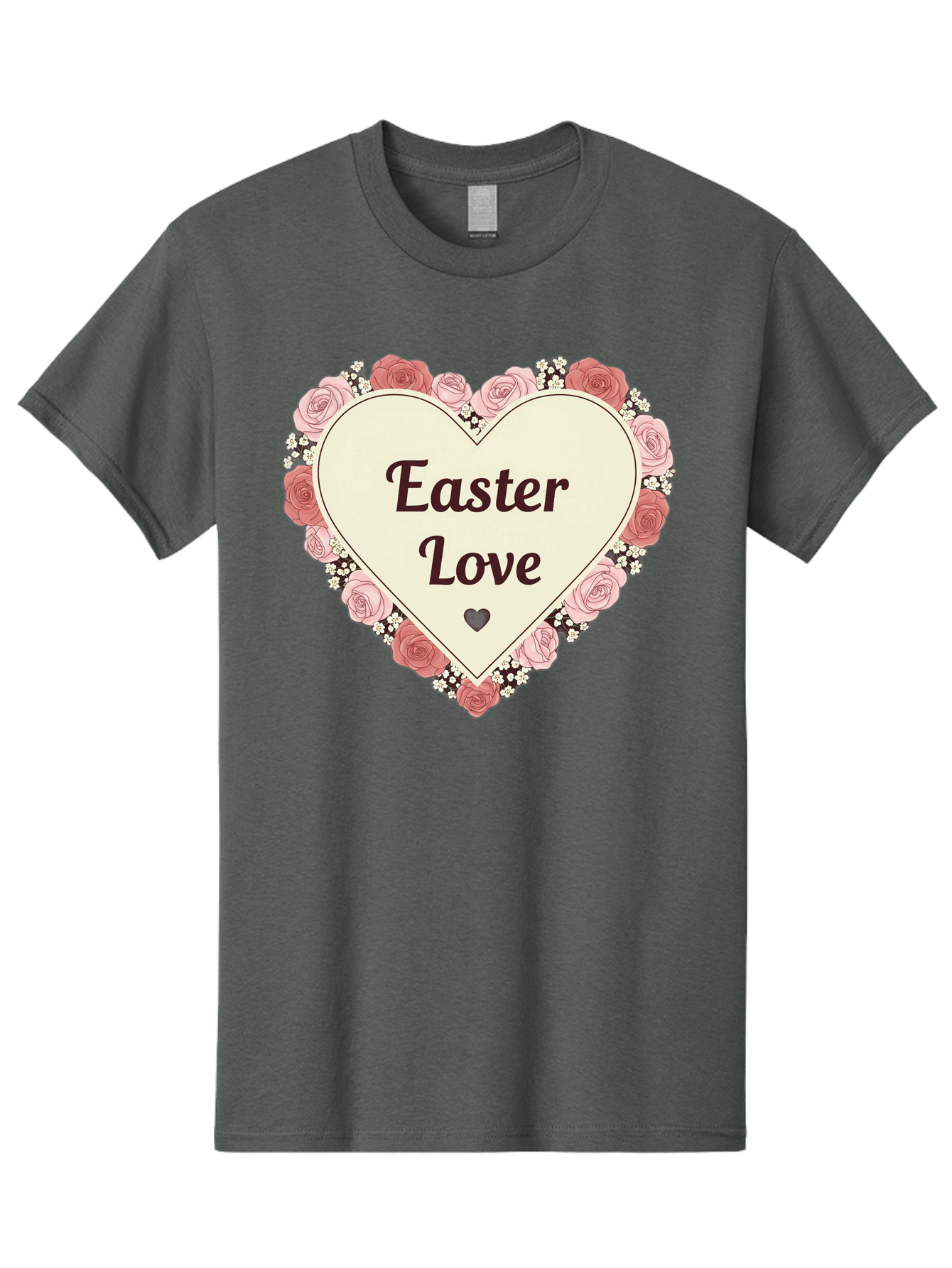 Easter-Love Men'S Graphic Tee, 100% Cotton, Comfortable Casual Summer Wear, Machine Washable, Easter Love, Heart-Shaped Frame, Pink Roses, Floral Wreath, Love Message, Small Green Heart, Easter Theme, Romantic Easter, Spring Flowers, Baa631