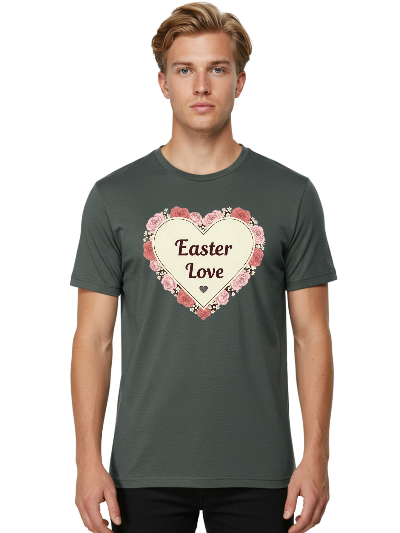 Easter-Love Men'S Graphic Tee, 100% Cotton, Comfortable Casual Summer Wear, Machine Washable, Easter Love, Heart-Shaped Frame, Pink Roses, Floral Wreath, Love Message, Small Green Heart, Easter Theme, Romantic Easter, Spring Flowers, Baa631