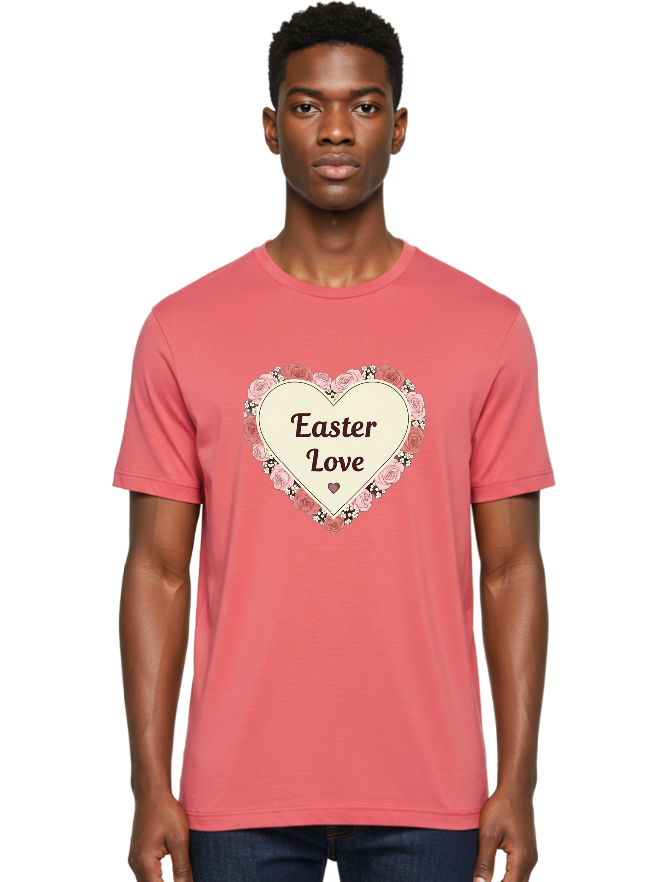 Easter-Love Men'S Graphic Tee, 100% Cotton, Comfortable Casual Summer Wear, Machine Washable, Easter Love, Heart-Shaped Frame, Pink Roses, Floral Wreath, Love Message, Small Green Heart, Easter Theme, Romantic Easter, Spring Flowers, Baa631