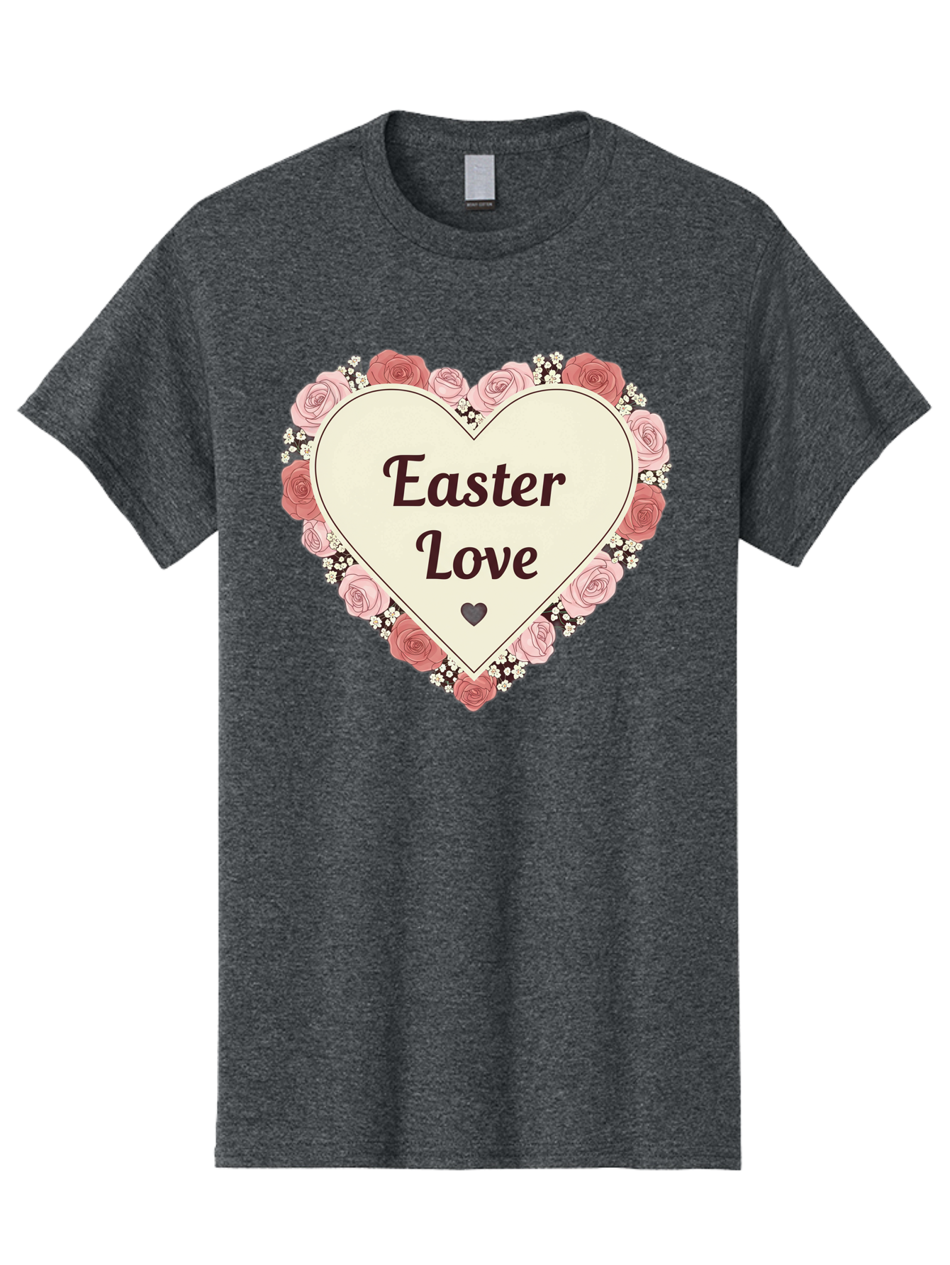 Easter-Love Men'S Graphic Tee, 100% Cotton, Comfortable Casual Summer Wear, Machine Washable, Easter Love, Heart-Shaped Frame, Pink Roses, Floral Wreath, Love Message, Small Green Heart, Easter Theme, Romantic Easter, Spring Flowers, Baa631