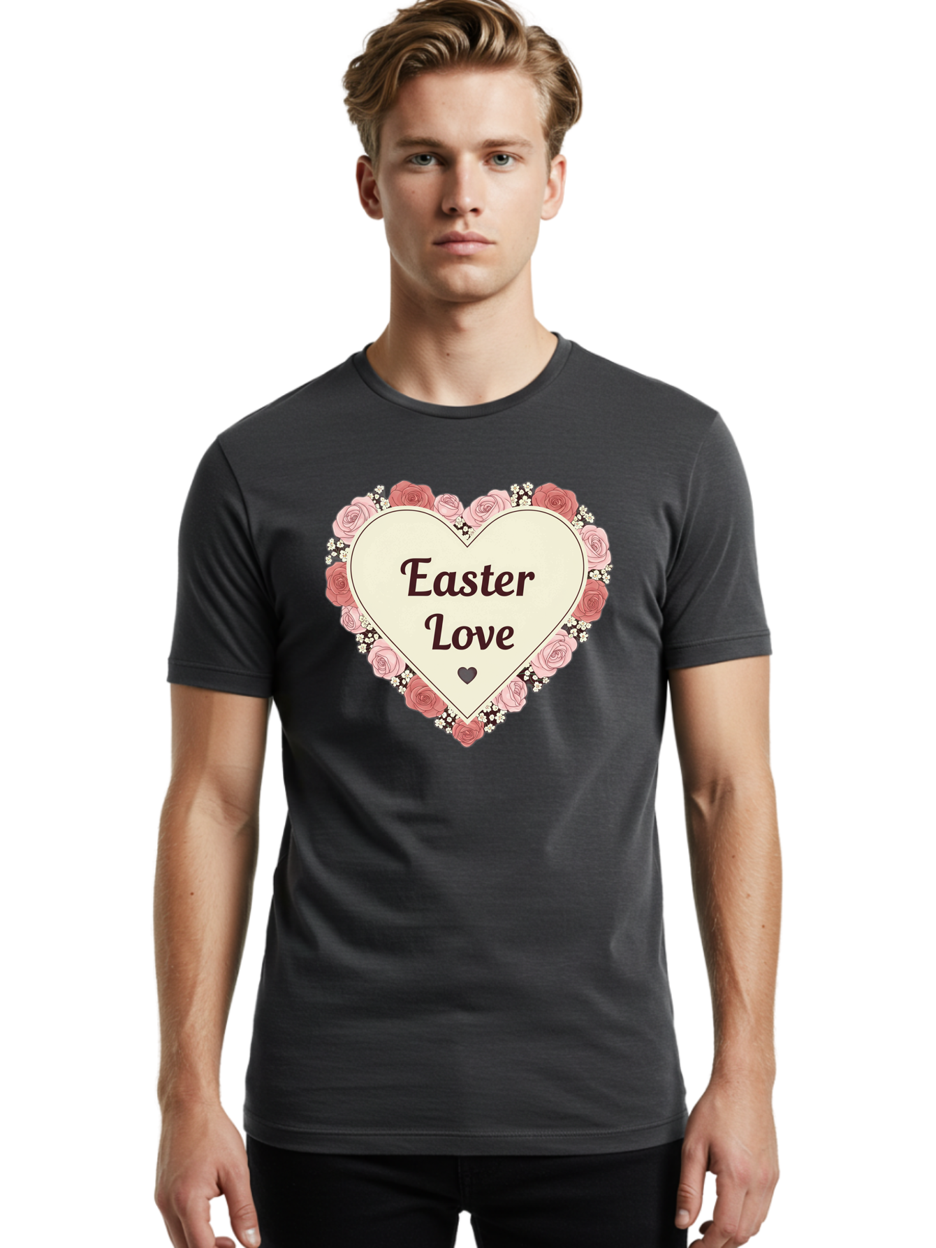 Easter-Love Men'S Graphic Tee, 100% Cotton, Comfortable Casual Summer Wear, Machine Washable, Easter Love, Heart-Shaped Frame, Pink Roses, Floral Wreath, Love Message, Small Green Heart, Easter Theme, Romantic Easter, Spring Flowers, Baa631