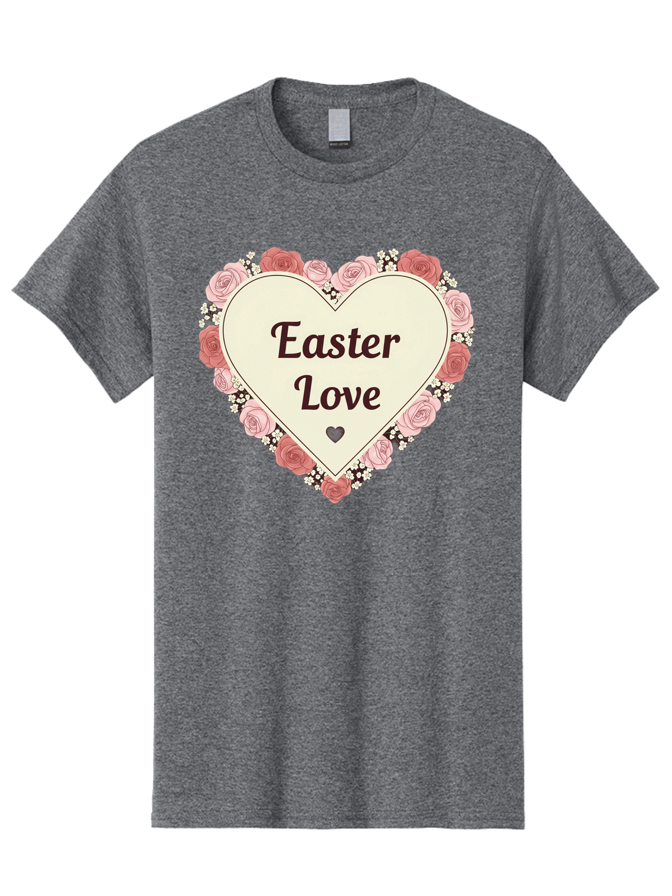 Easter-Love Men'S Graphic Tee, 100% Cotton, Comfortable Casual Summer Wear, Machine Washable, Easter Love, Heart-Shaped Frame, Pink Roses, Floral Wreath, Love Message, Small Green Heart, Easter Theme, Romantic Easter, Spring Flowers, Baa631