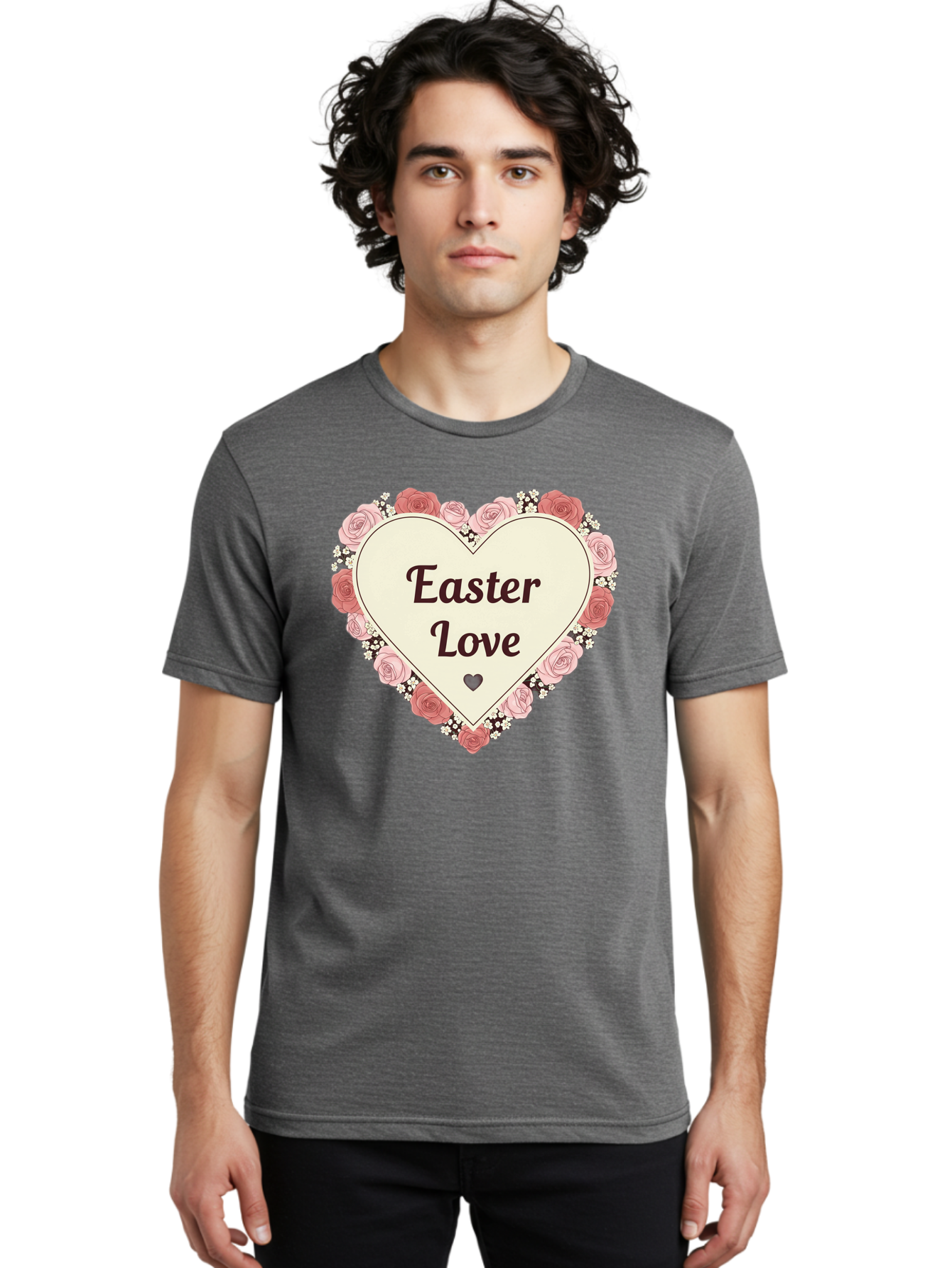 Easter-Love Men'S Graphic Tee, 100% Cotton, Comfortable Casual Summer Wear, Machine Washable, Easter Love, Heart-Shaped Frame, Pink Roses, Floral Wreath, Love Message, Small Green Heart, Easter Theme, Romantic Easter, Spring Flowers, Baa631