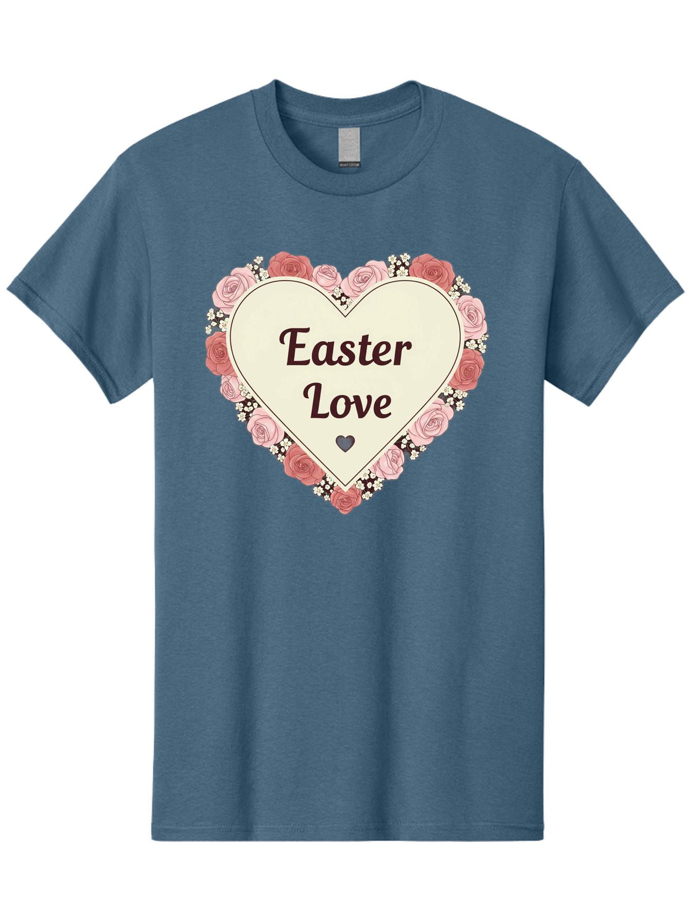 Easter-Love Men'S Graphic Tee, 100% Cotton, Comfortable Casual Summer Wear, Machine Washable, Easter Love, Heart-Shaped Frame, Pink Roses, Floral Wreath, Love Message, Small Green Heart, Easter Theme, Romantic Easter, Spring Flowers, Baa631