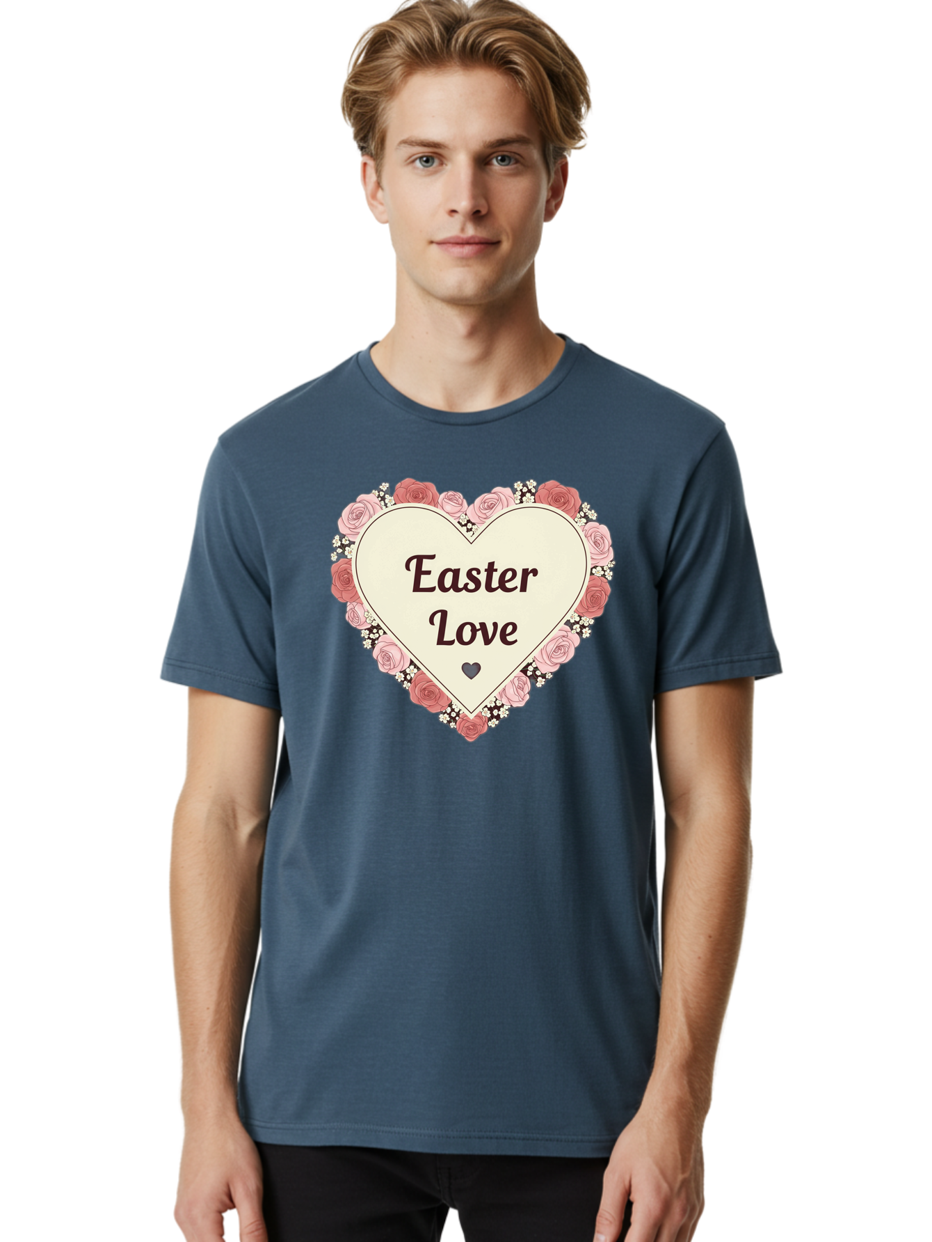 Easter-Love Men'S Graphic Tee, 100% Cotton, Comfortable Casual Summer Wear, Machine Washable, Easter Love, Heart-Shaped Frame, Pink Roses, Floral Wreath, Love Message, Small Green Heart, Easter Theme, Romantic Easter, Spring Flowers, Baa631