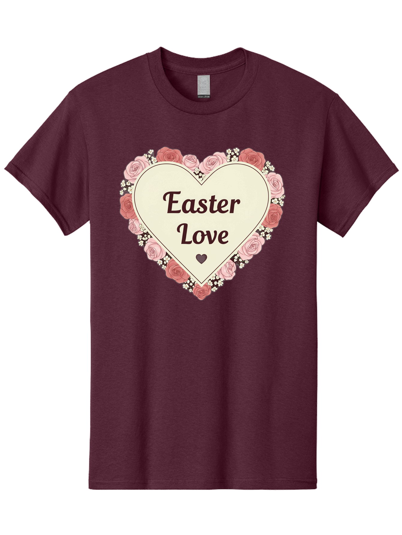 Easter-Love Men'S Graphic Tee, 100% Cotton, Comfortable Casual Summer Wear, Machine Washable, Easter Love, Heart-Shaped Frame, Pink Roses, Floral Wreath, Love Message, Small Green Heart, Easter Theme, Romantic Easter, Spring Flowers, Baa631