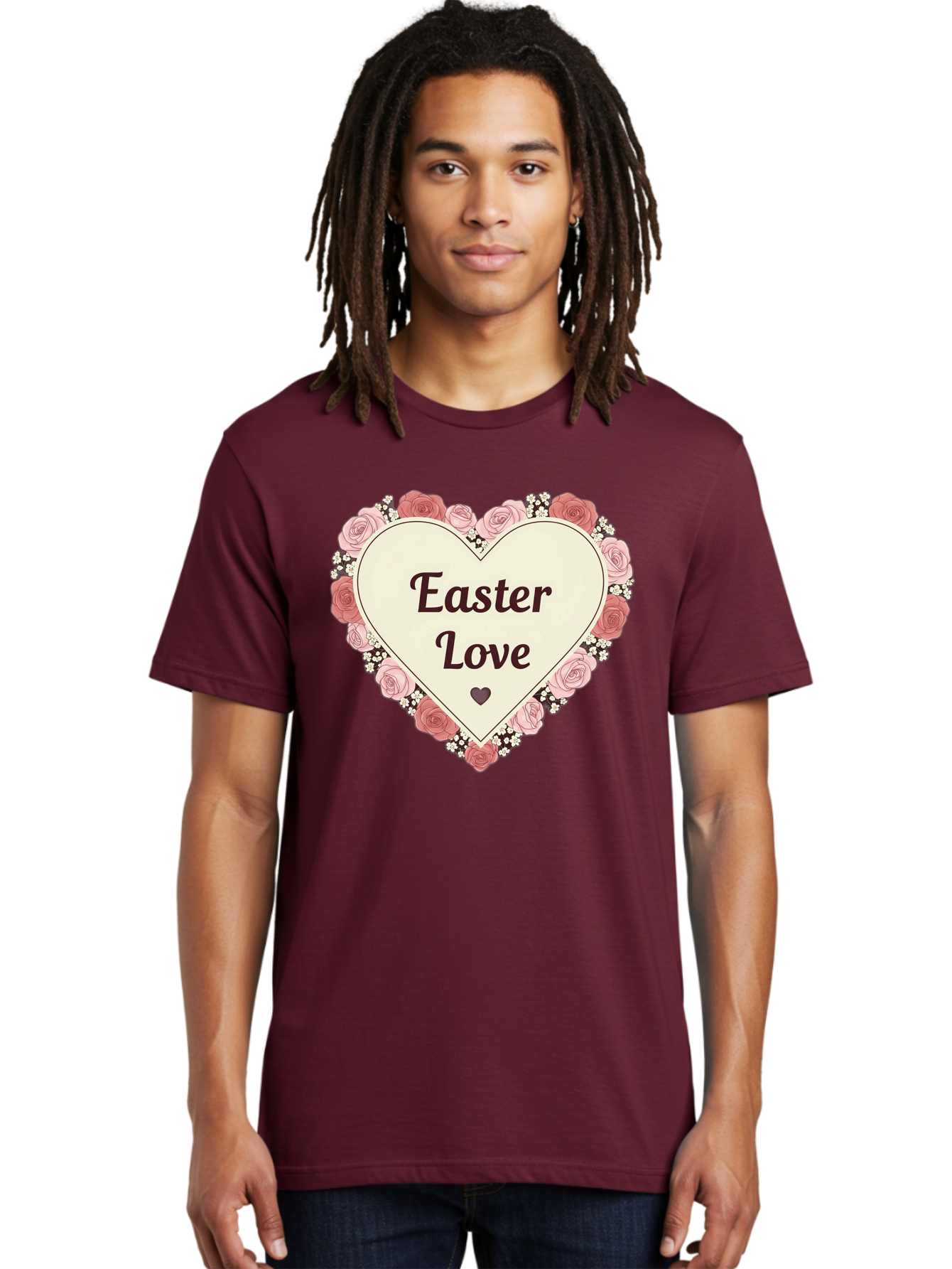 Easter-Love Men'S Graphic Tee, 100% Cotton, Comfortable Casual Summer Wear, Machine Washable, Easter Love, Heart-Shaped Frame, Pink Roses, Floral Wreath, Love Message, Small Green Heart, Easter Theme, Romantic Easter, Spring Flowers, Baa631