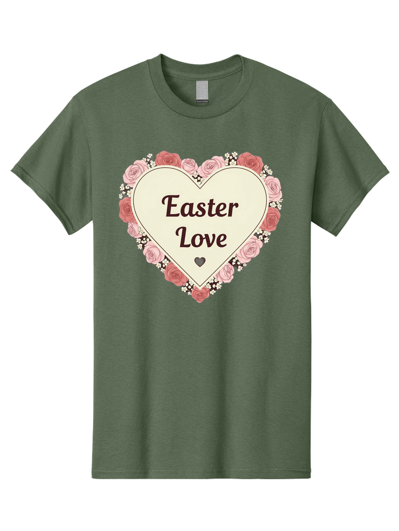 Easter-Love Men'S Graphic Tee, 100% Cotton, Comfortable Casual Summer Wear, Machine Washable, Easter Love, Heart-Shaped Frame, Pink Roses, Floral Wreath, Love Message, Small Green Heart, Easter Theme, Romantic Easter, Spring Flowers, Baa631