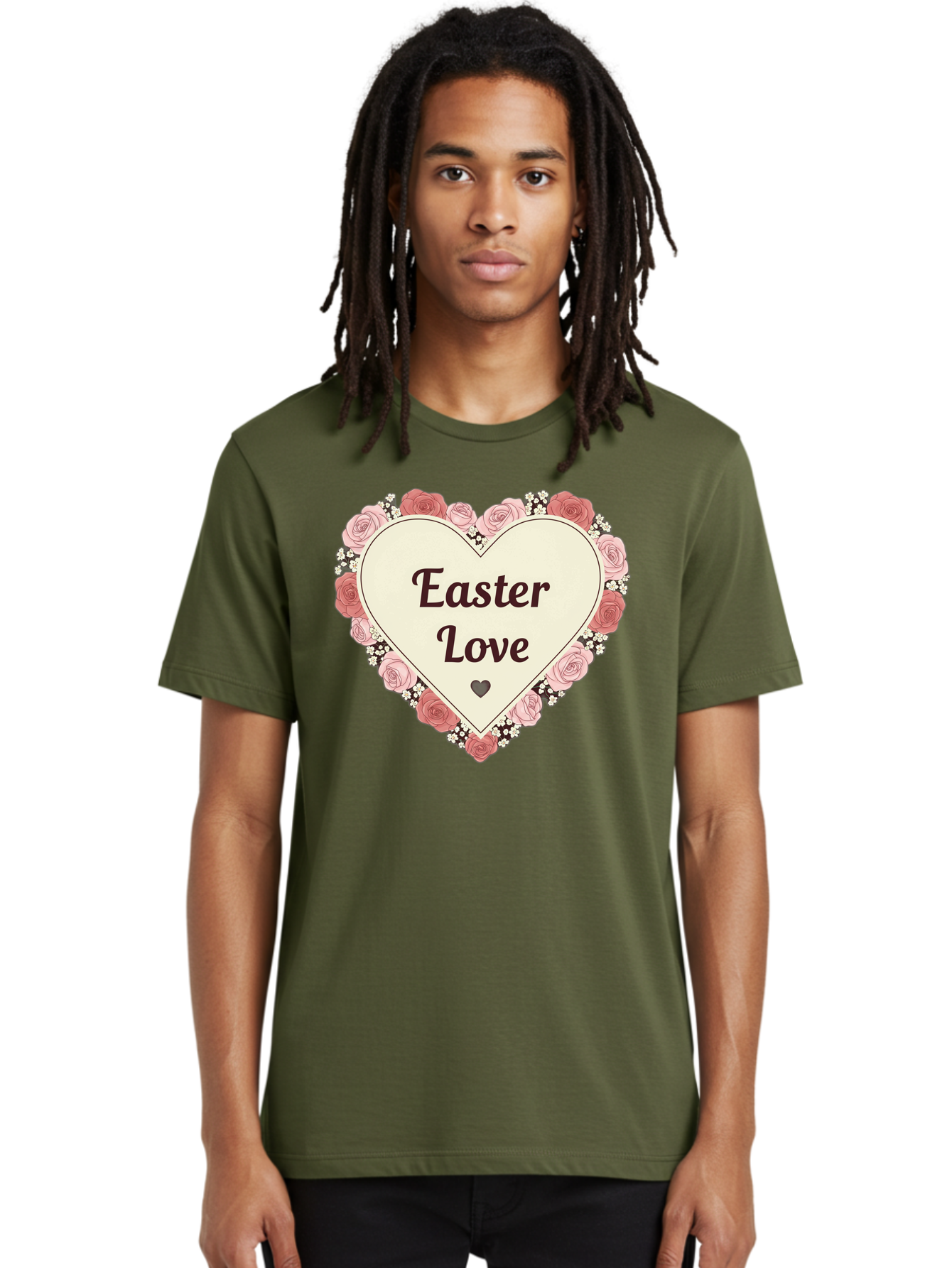 Easter-Love Men'S Graphic Tee, 100% Cotton, Comfortable Casual Summer Wear, Machine Washable, Easter Love, Heart-Shaped Frame, Pink Roses, Floral Wreath, Love Message, Small Green Heart, Easter Theme, Romantic Easter, Spring Flowers, Baa631