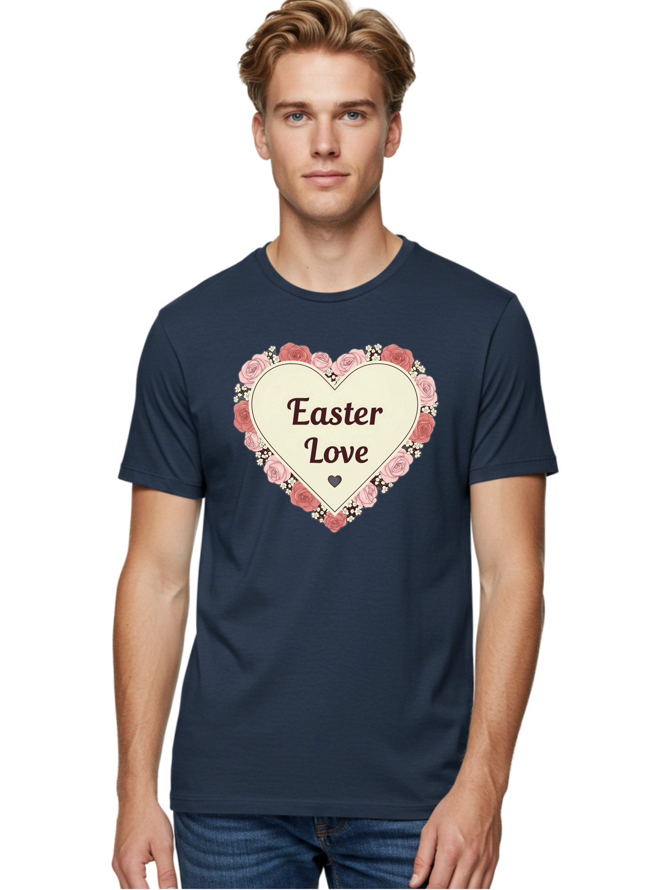 Easter-Love Men'S Graphic Tee, 100% Cotton, Comfortable Casual Summer Wear, Machine Washable, Easter Love, Heart-Shaped Frame, Pink Roses, Floral Wreath, Love Message, Small Green Heart, Easter Theme, Romantic Easter, Spring Flowers, Baa631