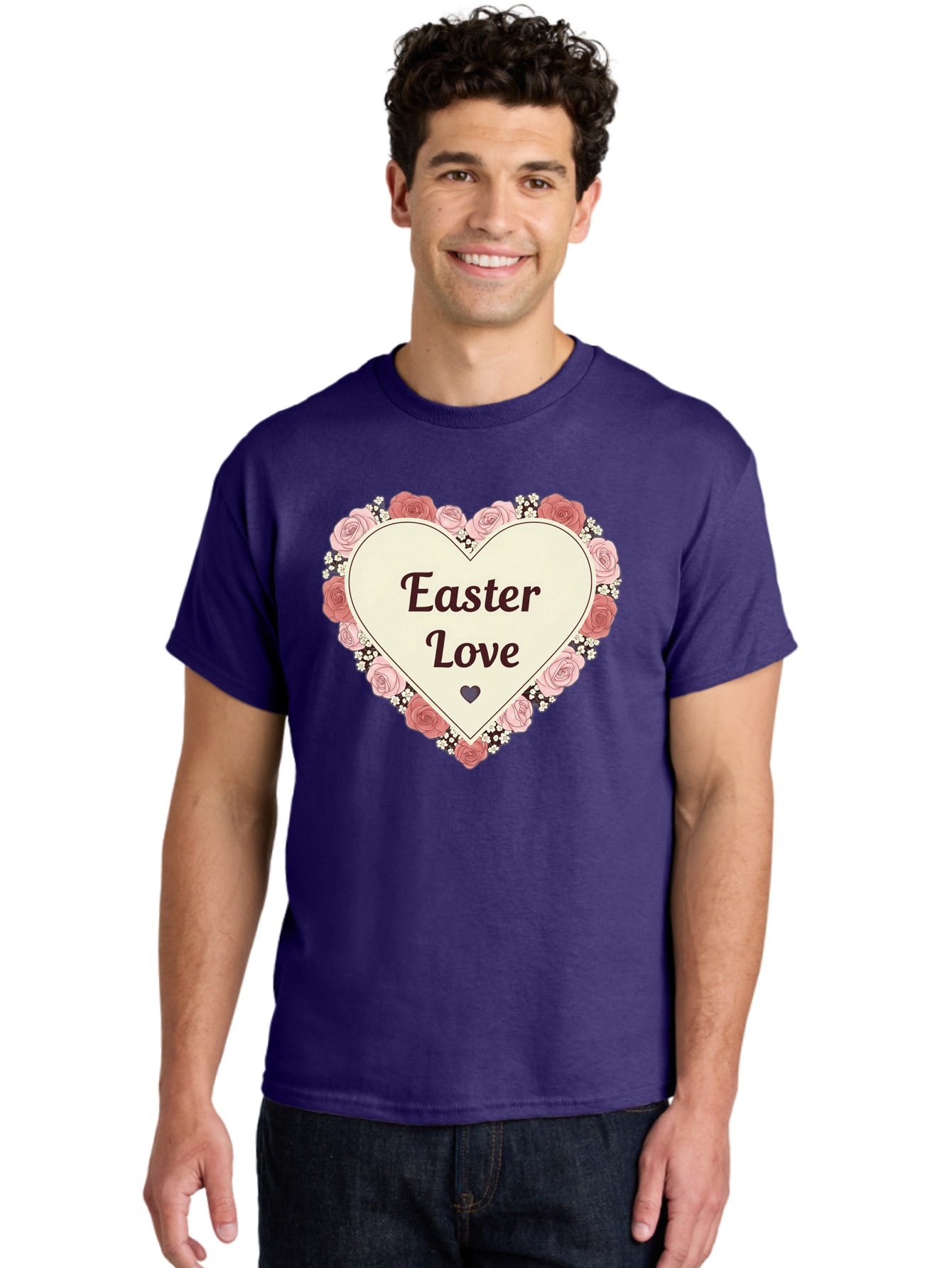 Easter-Love Men'S Graphic Tee, 100% Cotton, Comfortable Casual Summer Wear, Machine Washable, Easter Love, Heart-Shaped Frame, Pink Roses, Floral Wreath, Love Message, Small Green Heart, Easter Theme, Romantic Easter, Spring Flowers, Baa631