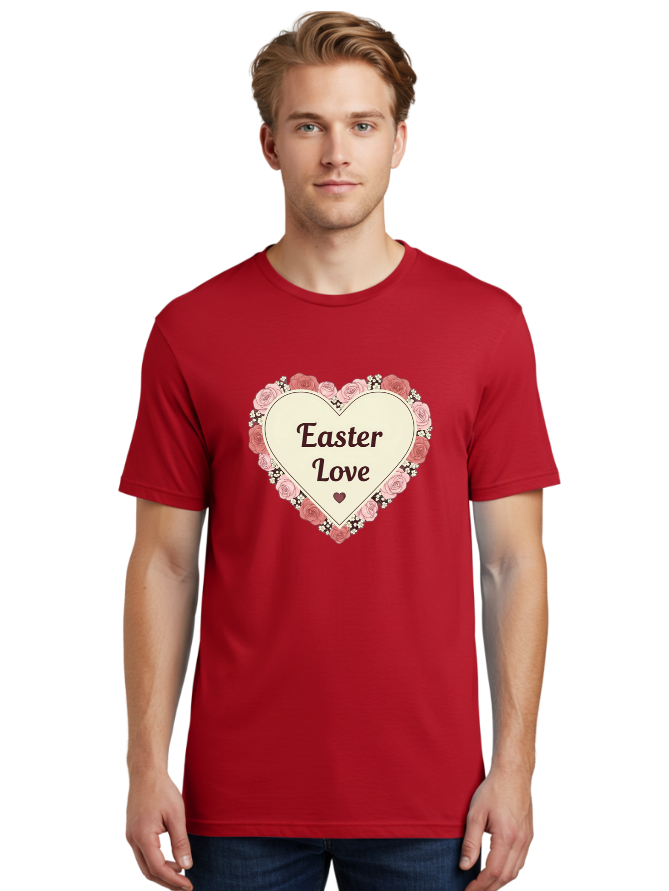 Easter-Love Men'S Graphic Tee, 100% Cotton, Comfortable Casual Summer Wear, Machine Washable, Easter Love, Heart-Shaped Frame, Pink Roses, Floral Wreath, Love Message, Small Green Heart, Easter Theme, Romantic Easter, Spring Flowers, Baa631