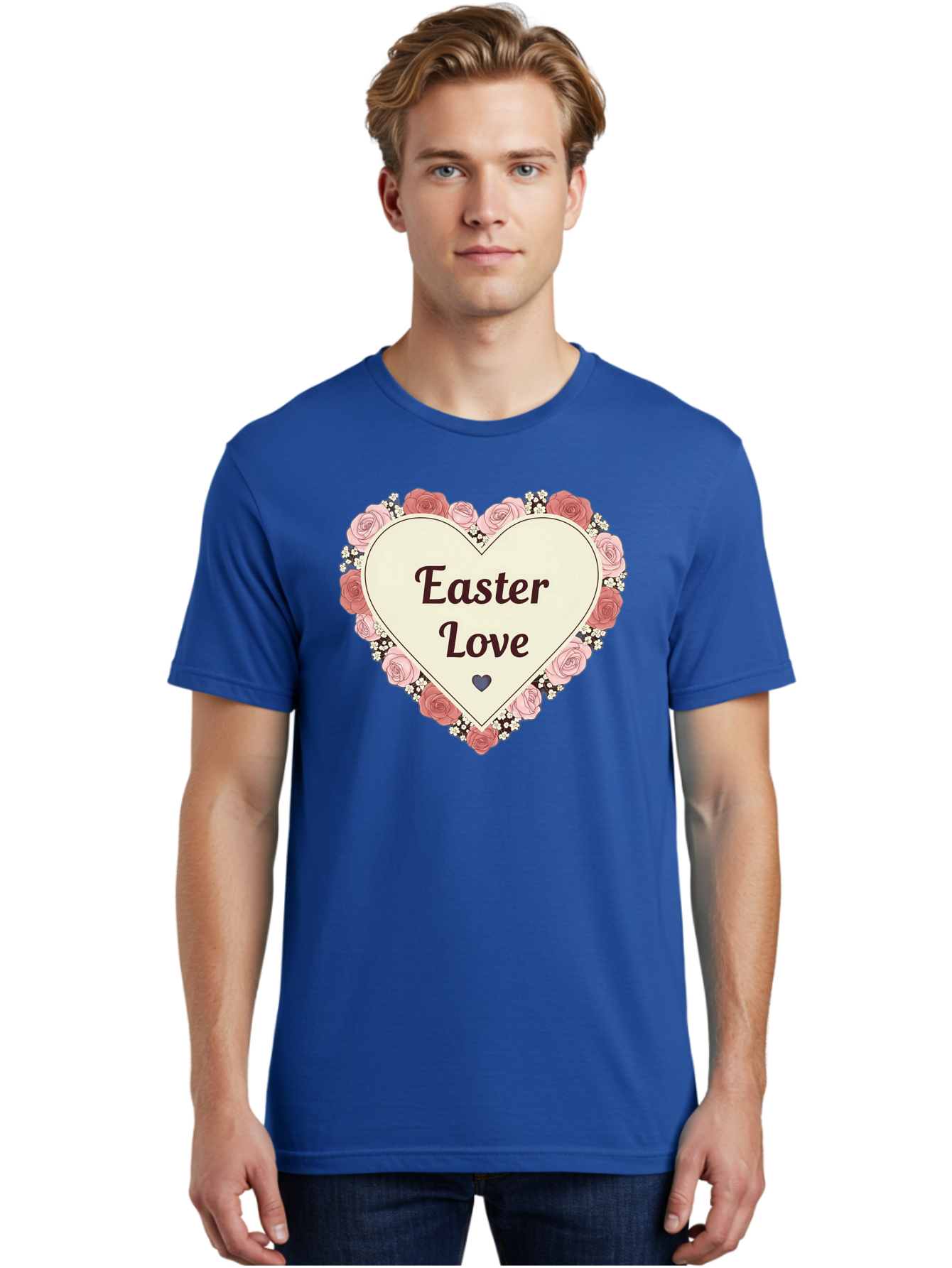 Easter-Love Men'S Graphic Tee, 100% Cotton, Comfortable Casual Summer Wear, Machine Washable, Easter Love, Heart-Shaped Frame, Pink Roses, Floral Wreath, Love Message, Small Green Heart, Easter Theme, Romantic Easter, Spring Flowers, Baa631