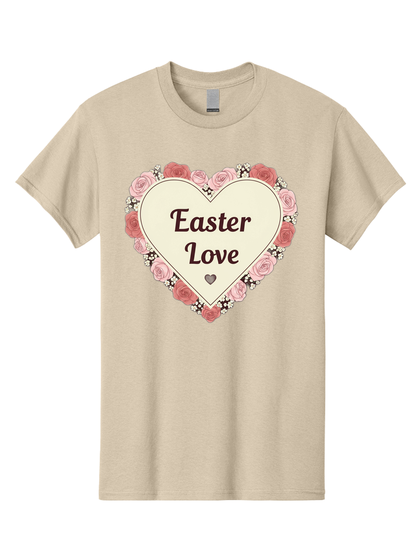 Easter-Love Men'S Graphic Tee, 100% Cotton, Comfortable Casual Summer Wear, Machine Washable, Easter Love, Heart-Shaped Frame, Pink Roses, Floral Wreath, Love Message, Small Green Heart, Easter Theme, Romantic Easter, Spring Flowers, Baa631