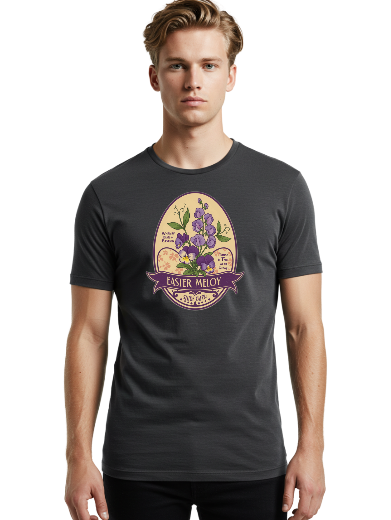 Easter-Meloy Men'S Graphic Tee, 100% Cotton, Comfortable Casual Summer Wear, Machine Washable, Purple Violets, Easter Flowers, Floral Illustration, Vintage Design, Easter Meloy, Poetic Verse, Blooming Flowers, Floral Arrangement, Baa632
