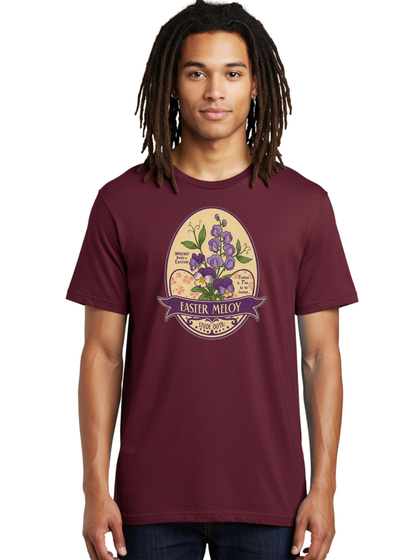 Easter-Meloy Men'S Graphic Tee, 100% Cotton, Comfortable Casual Summer Wear, Machine Washable, Purple Violets, Easter Flowers, Floral Illustration, Vintage Design, Easter Meloy, Poetic Verse, Blooming Flowers, Floral Arrangement, Baa632