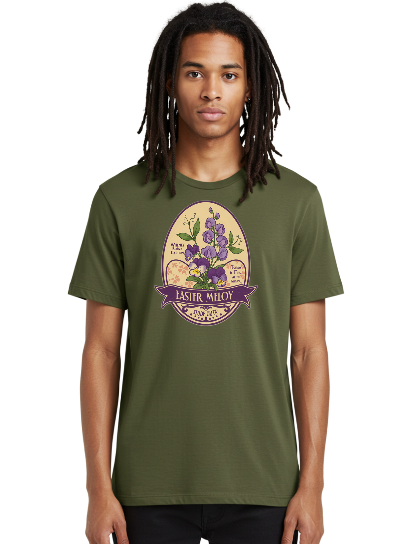 Easter-Meloy Men'S Graphic Tee, 100% Cotton, Comfortable Casual Summer Wear, Machine Washable, Purple Violets, Easter Flowers, Floral Illustration, Vintage Design, Easter Meloy, Poetic Verse, Blooming Flowers, Floral Arrangement, Baa632