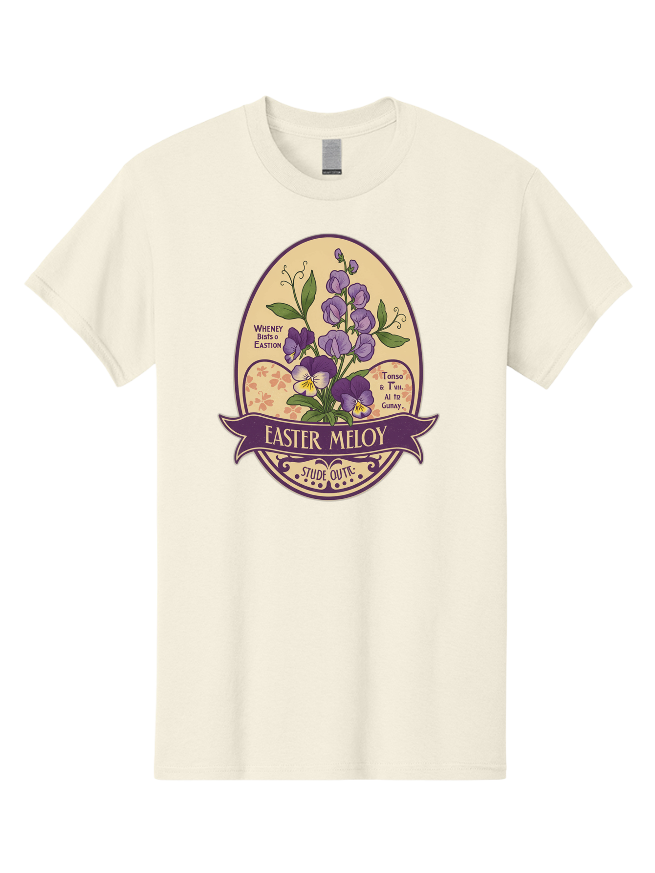Easter-Meloy Men'S Graphic Tee, 100% Cotton, Comfortable Casual Summer Wear, Machine Washable, Purple Violets, Easter Flowers, Floral Illustration, Vintage Design, Easter Meloy, Poetic Verse, Blooming Flowers, Floral Arrangement, Baa632
