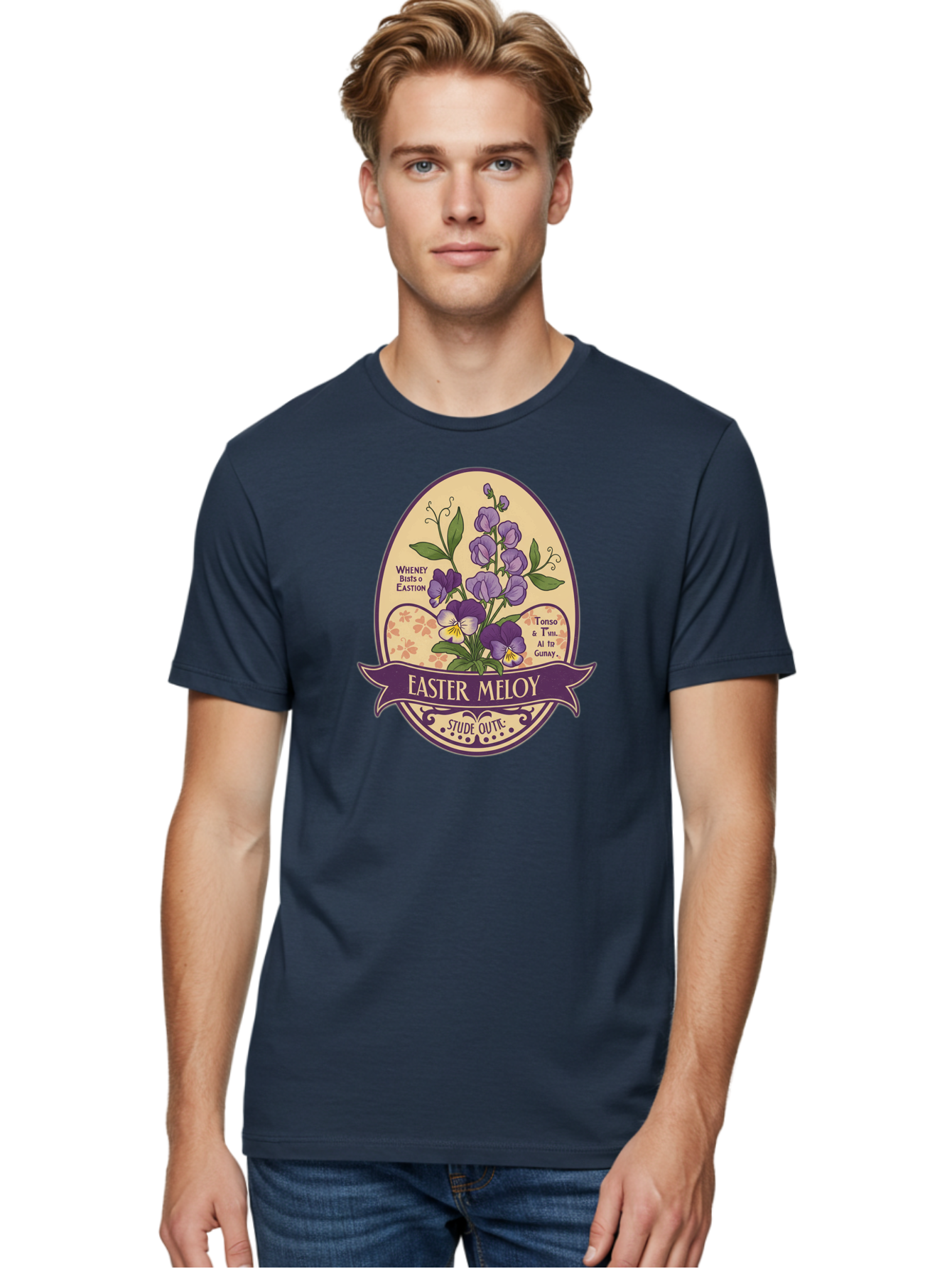 Easter-Meloy Men'S Graphic Tee, 100% Cotton, Comfortable Casual Summer Wear, Machine Washable, Purple Violets, Easter Flowers, Floral Illustration, Vintage Design, Easter Meloy, Poetic Verse, Blooming Flowers, Floral Arrangement, Baa632