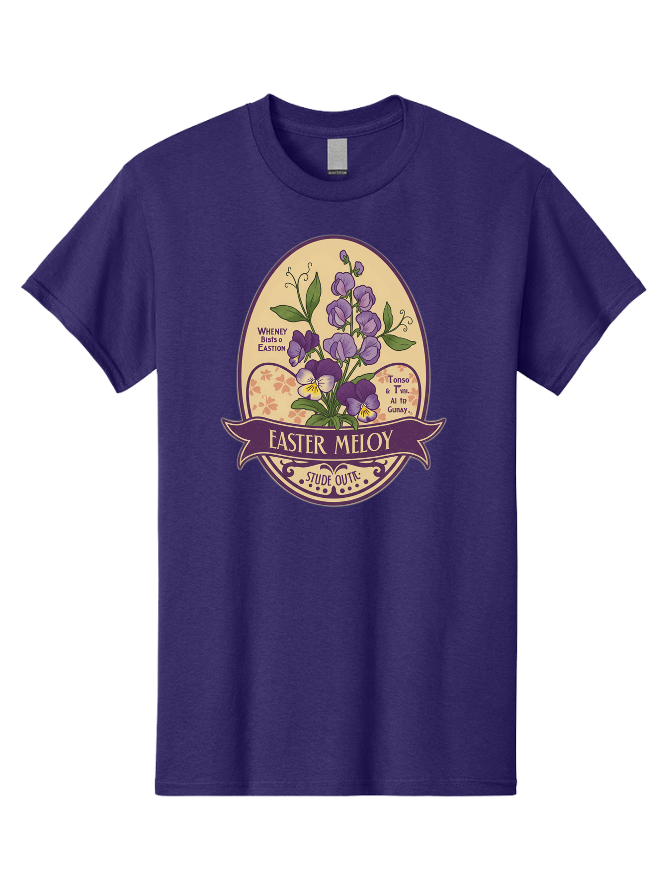 Easter-Meloy Men'S Graphic Tee, 100% Cotton, Comfortable Casual Summer Wear, Machine Washable, Purple Violets, Easter Flowers, Floral Illustration, Vintage Design, Easter Meloy, Poetic Verse, Blooming Flowers, Floral Arrangement, Baa632