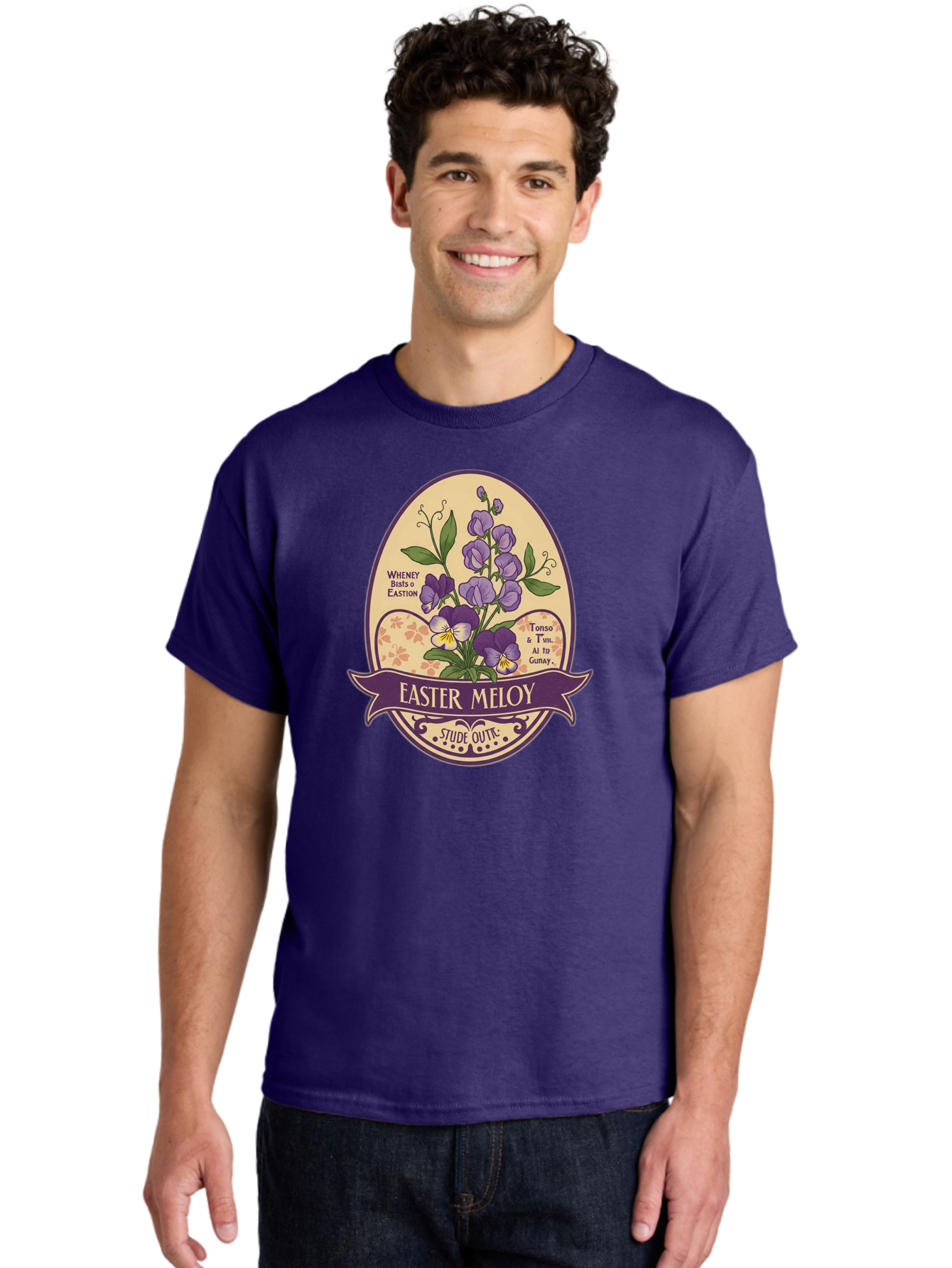 Easter-Meloy Men'S Graphic Tee, 100% Cotton, Comfortable Casual Summer Wear, Machine Washable, Purple Violets, Easter Flowers, Floral Illustration, Vintage Design, Easter Meloy, Poetic Verse, Blooming Flowers, Floral Arrangement, Baa632
