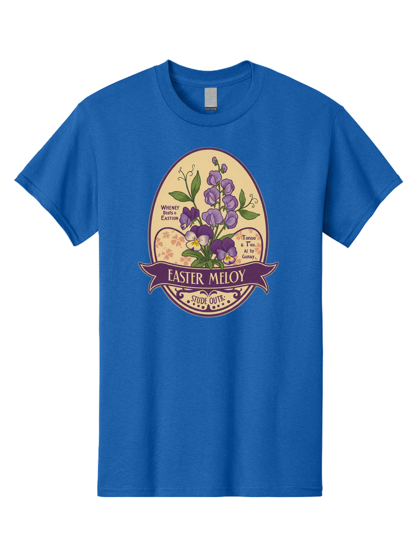 Easter-Meloy Men'S Graphic Tee, 100% Cotton, Comfortable Casual Summer Wear, Machine Washable, Purple Violets, Easter Flowers, Floral Illustration, Vintage Design, Easter Meloy, Poetic Verse, Blooming Flowers, Floral Arrangement, Baa632