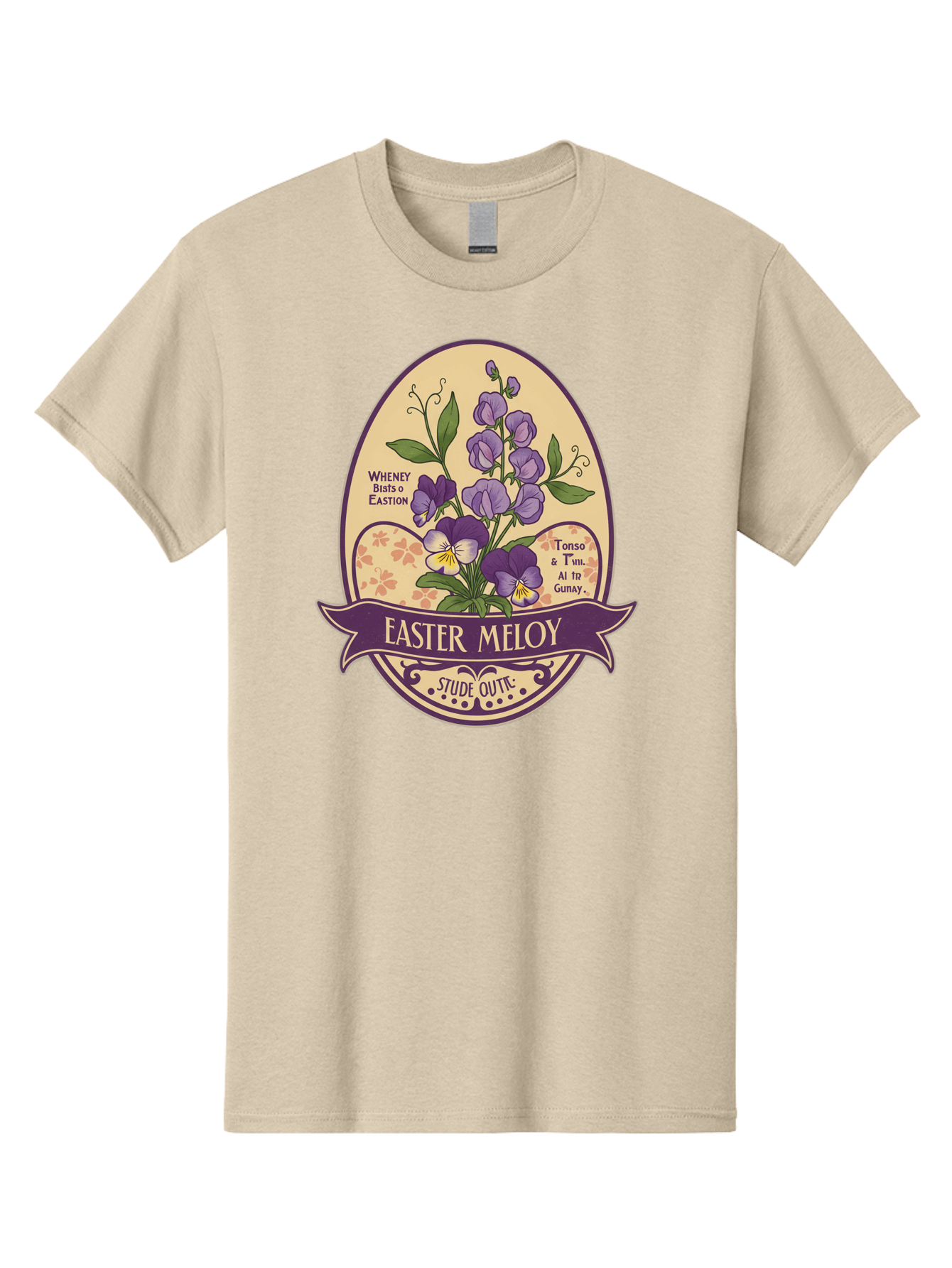 Easter-Meloy Men'S Graphic Tee, 100% Cotton, Comfortable Casual Summer Wear, Machine Washable, Purple Violets, Easter Flowers, Floral Illustration, Vintage Design, Easter Meloy, Poetic Verse, Blooming Flowers, Floral Arrangement, Baa632