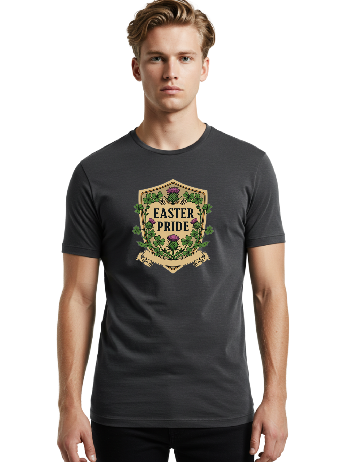 Easter-Pride Men'S Graphic Tee, 100% Cotton, Comfortable Casual Summer Wear, Machine Washable, Shamrocks, Purple Thistles, Easter Flowers, Floral Wreath, Vintage Badge, Easter Theme, Celtic Symbols, Festive Design, Spring Flowers Baa633