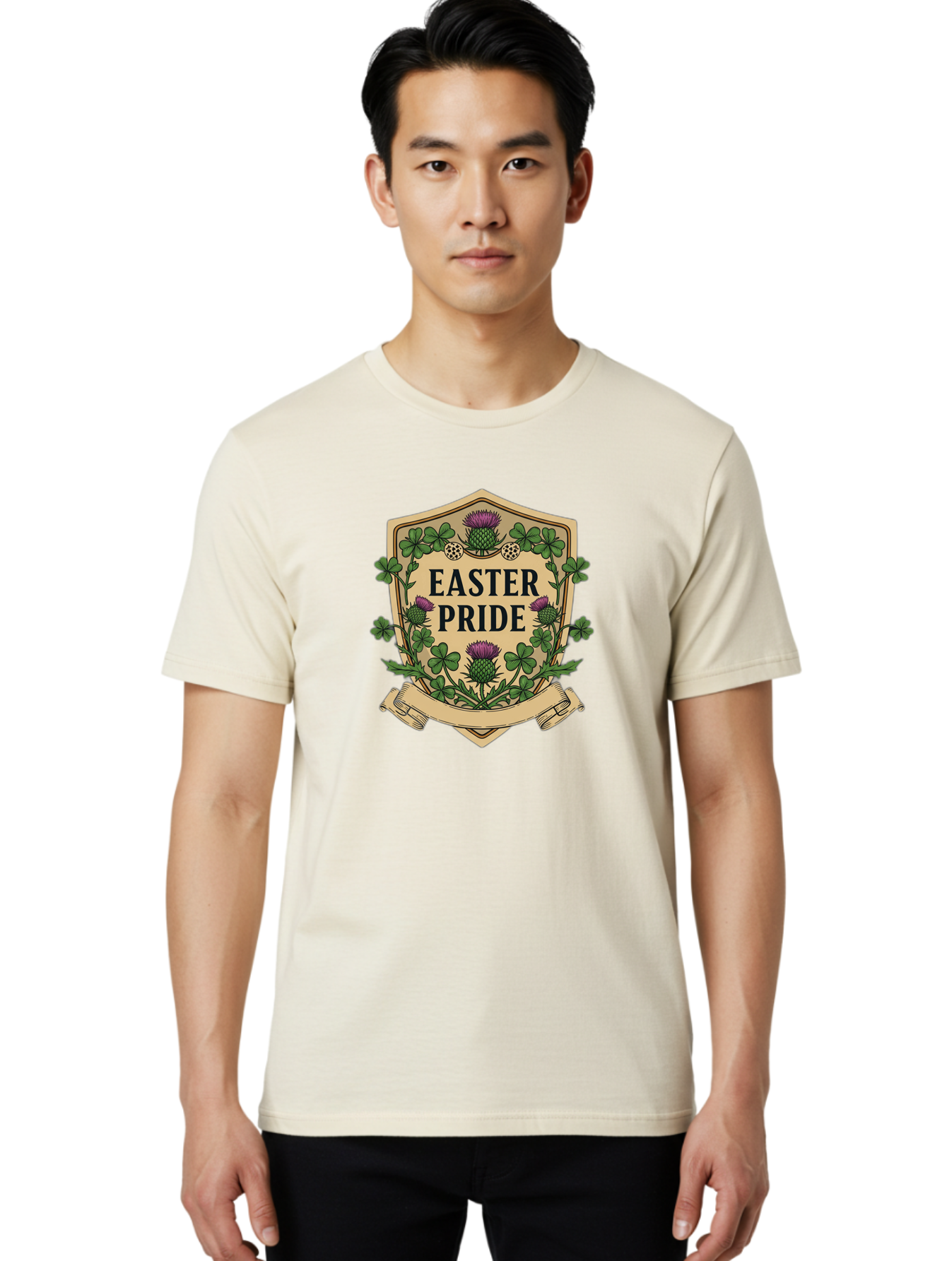 Easter-Pride Men'S Graphic Tee, 100% Cotton, Comfortable Casual Summer Wear, Machine Washable, Shamrocks, Purple Thistles, Easter Flowers, Floral Wreath, Vintage Badge, Easter Theme, Celtic Symbols, Festive Design, Spring Flowers Baa633