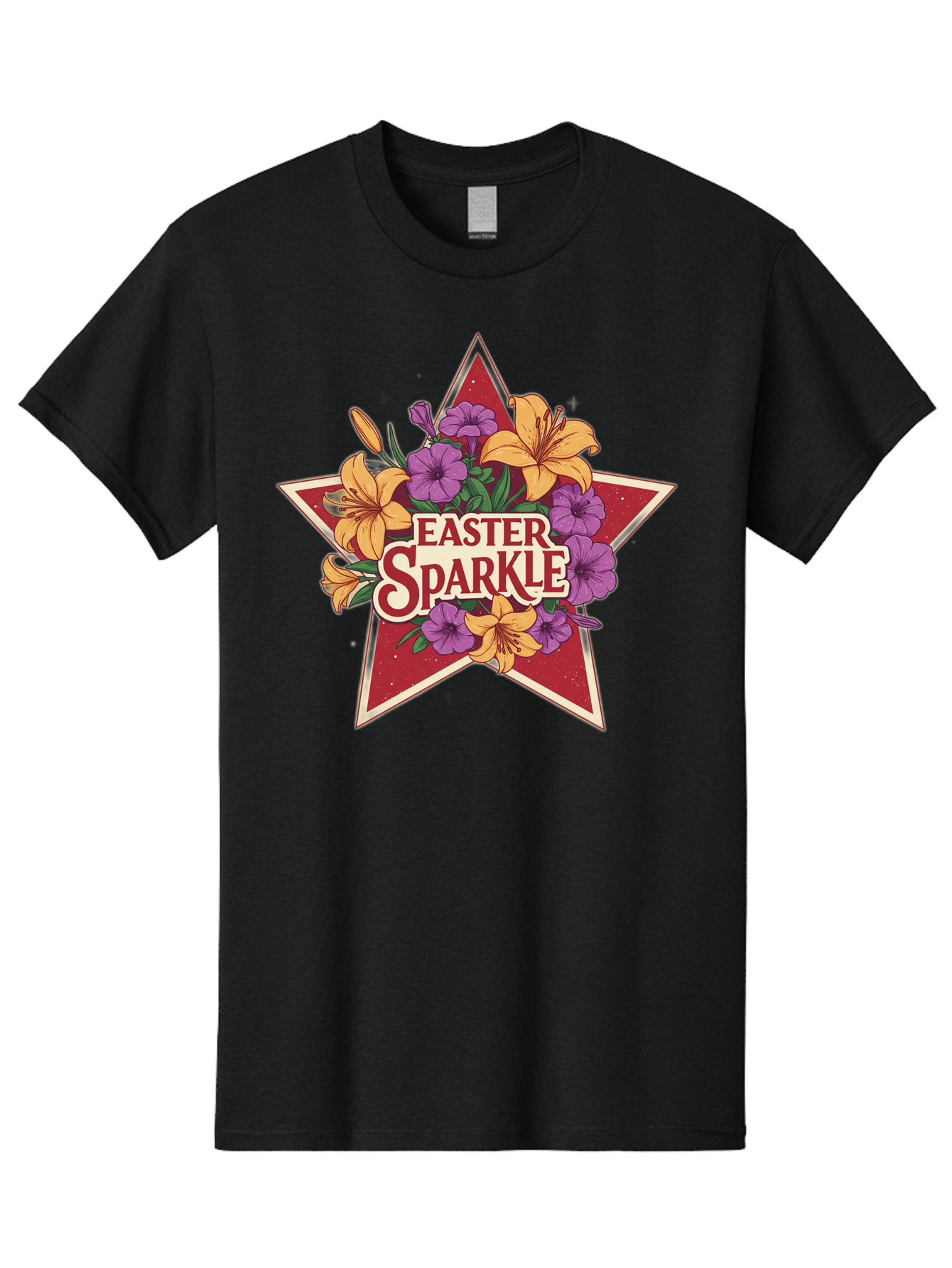 Easter-Sparkle Men'S Graphic Tee, 100% Cotton, Comfortable Casual Summer Wear, Machine Washable, Easter Sparkle, Yellow Lilies, Purple Flowers, Floral Arrangement, Red Star, Festive Design, Spring Celebration, Easter Decorations, Baa634