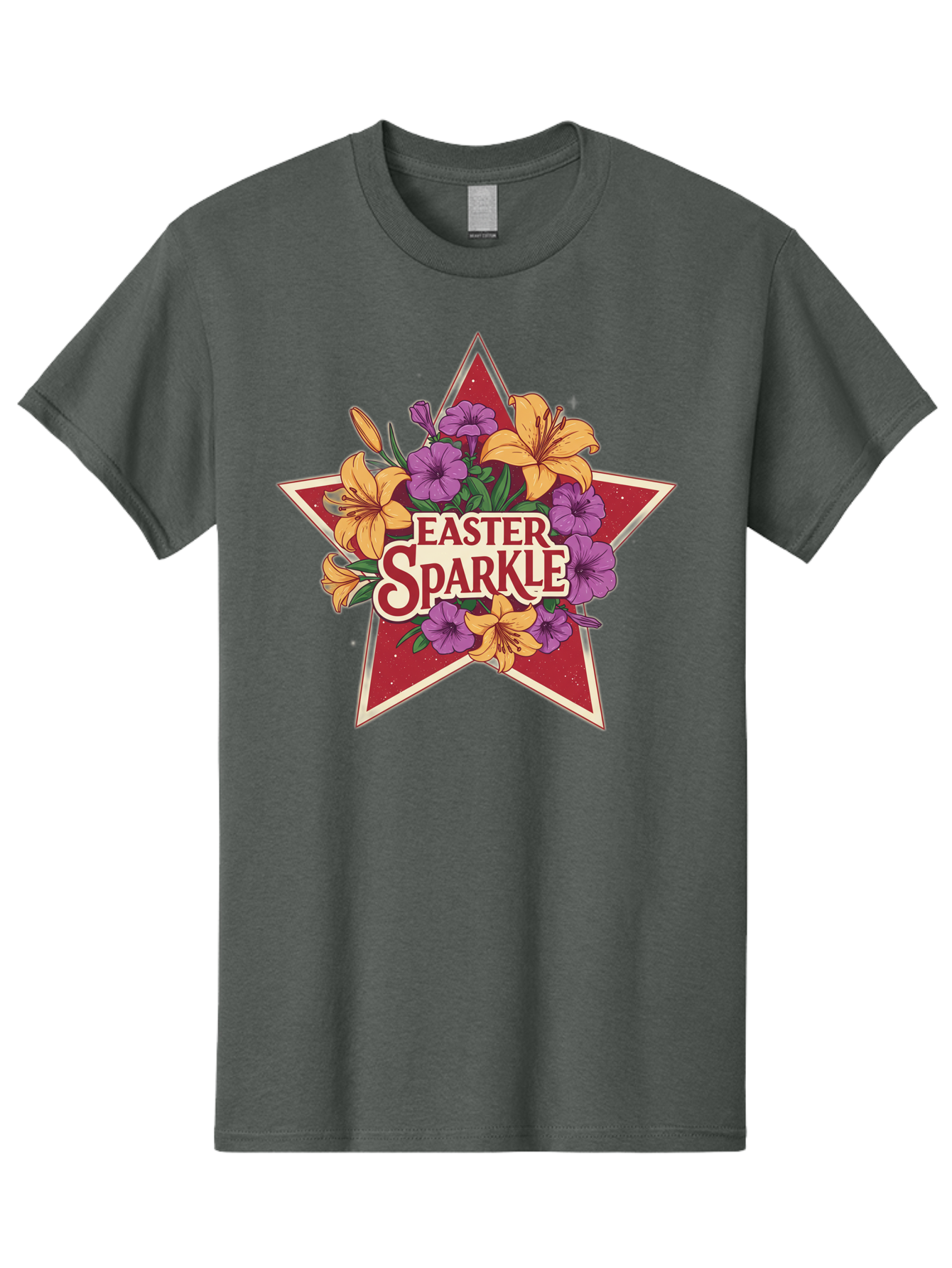 Easter-Sparkle Men'S Graphic Tee, 100% Cotton, Comfortable Casual Summer Wear, Machine Washable, Easter Sparkle, Yellow Lilies, Purple Flowers, Floral Arrangement, Red Star, Festive Design, Spring Celebration, Easter Decorations, Baa634