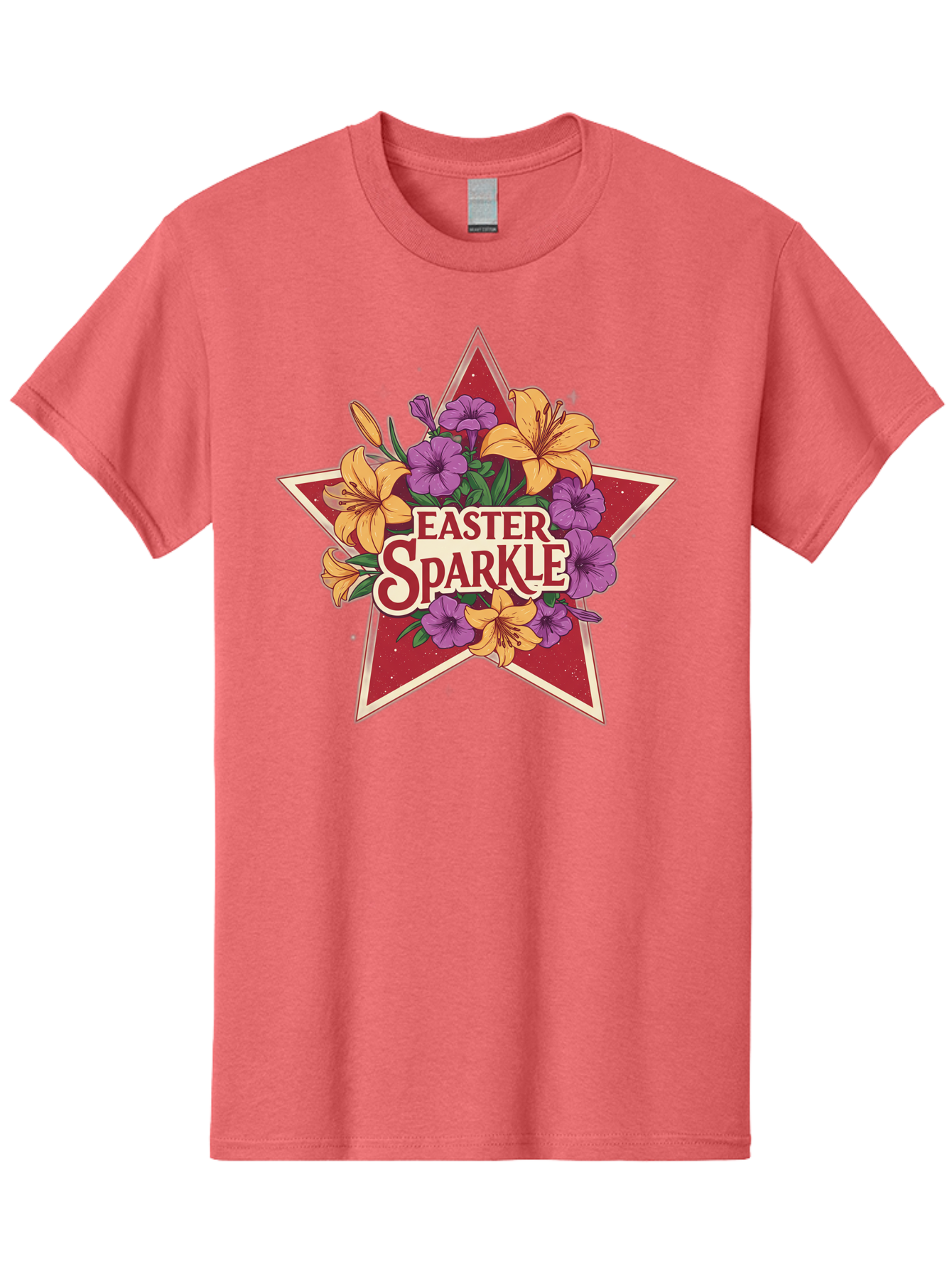 Easter-Sparkle Men'S Graphic Tee, 100% Cotton, Comfortable Casual Summer Wear, Machine Washable, Easter Sparkle, Yellow Lilies, Purple Flowers, Floral Arrangement, Red Star, Festive Design, Spring Celebration, Easter Decorations, Baa634